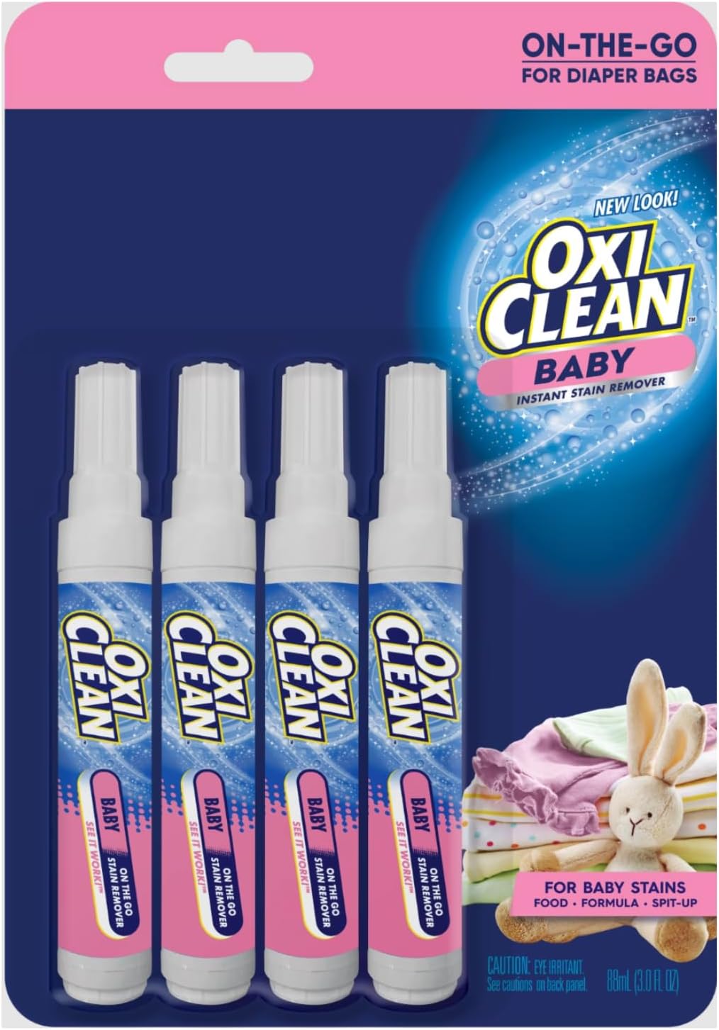 OxiClean Baby On-The-Go Stain Remover Pen, Instant Baby Clothes Stain Cleaner for Food Formula Spit-Up, Gentle Travel Size Laundry Stain Stick, Fragrance Free, 4 Pack, 22 mL Each