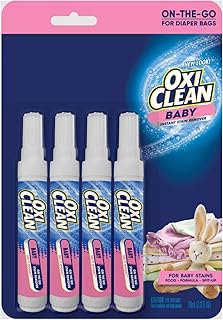 OxiClean Baby On-The-Go Stain Remover Pen, Instant Baby Clothes Stain Cleaner for Food Formula Spit-Up, Gentle Travel Size Laundry Stain Stick, Fragrance Free, 4 Pack, 22 mL Each