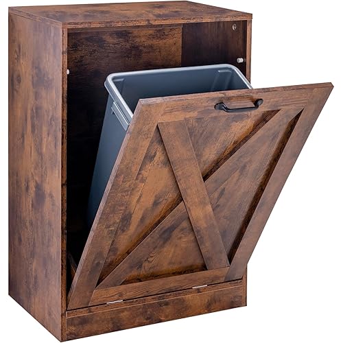 13 Gallons Tilt Out Trash Can Cabinet, Wooden Free Standing Kichen Waste Bin Recycling Cabinet Hidden Trash Cabinet (Brown)