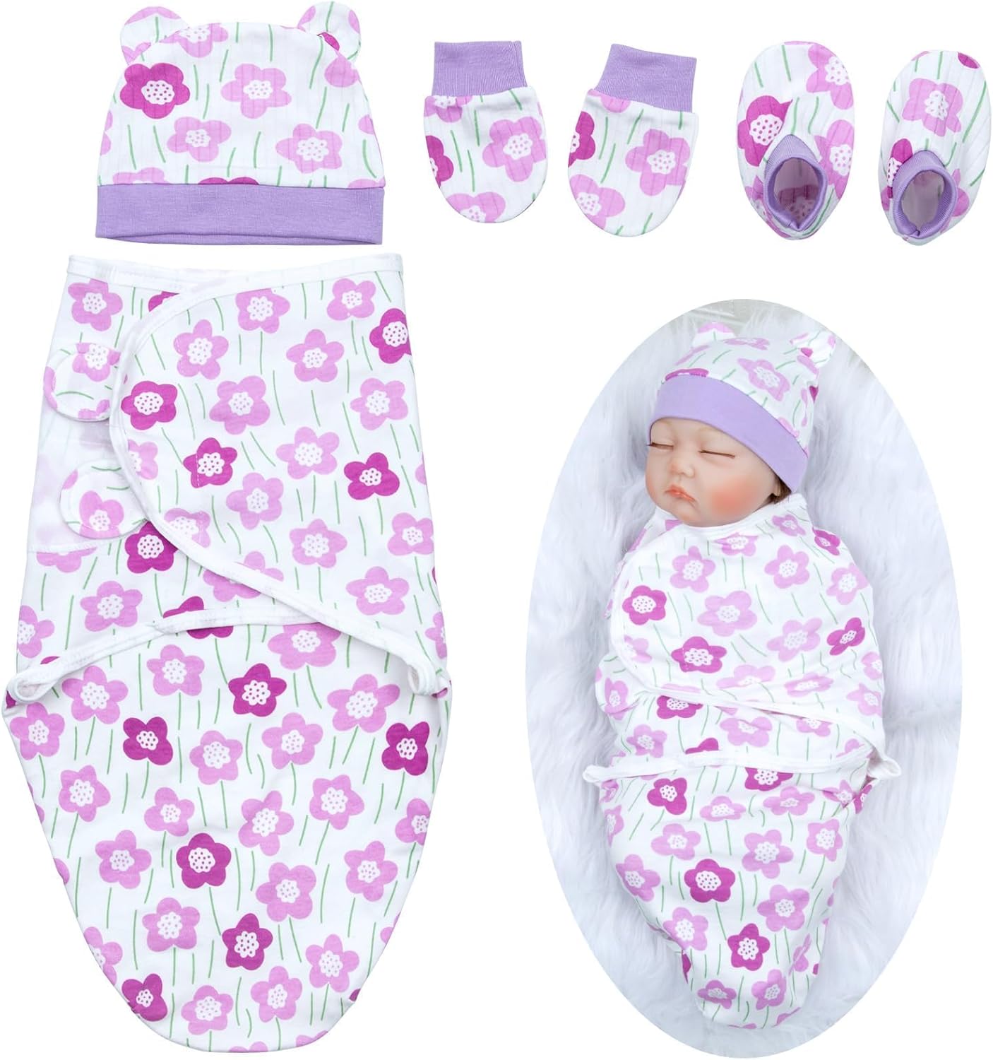 Reborn Baby Dolls Blanket with 4pcs Accessories Set for 17-22 Inch Reborn Baby Doll Clothes Purple Flower Swaddle Blanket Hat Outfit