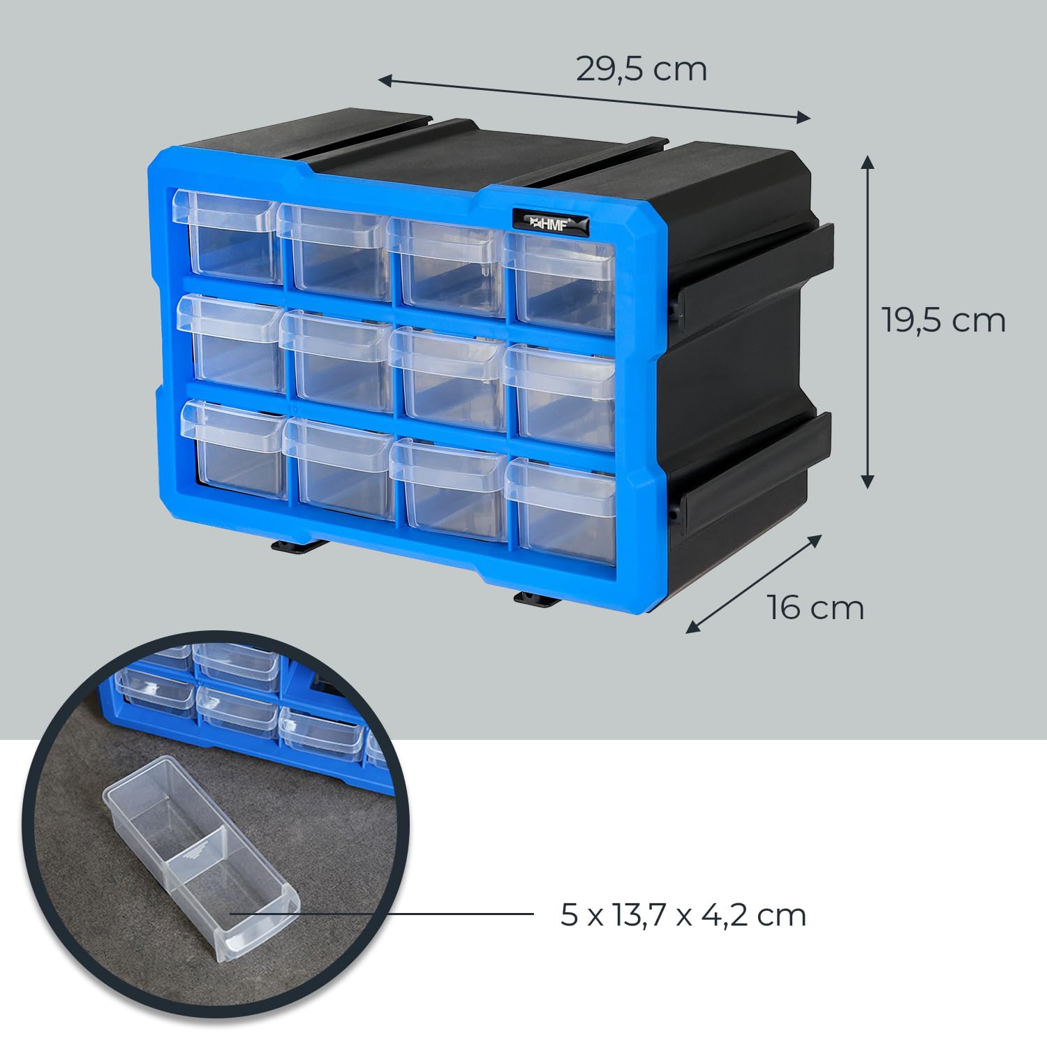 HMF Scatola organizzatrice per minuteria con 12 cassetti, cassettiera portaminuteria espandibile per viti e utensili | 24 scomparti | 29,5 x 19,5 x 16 cm | Blu-Nero