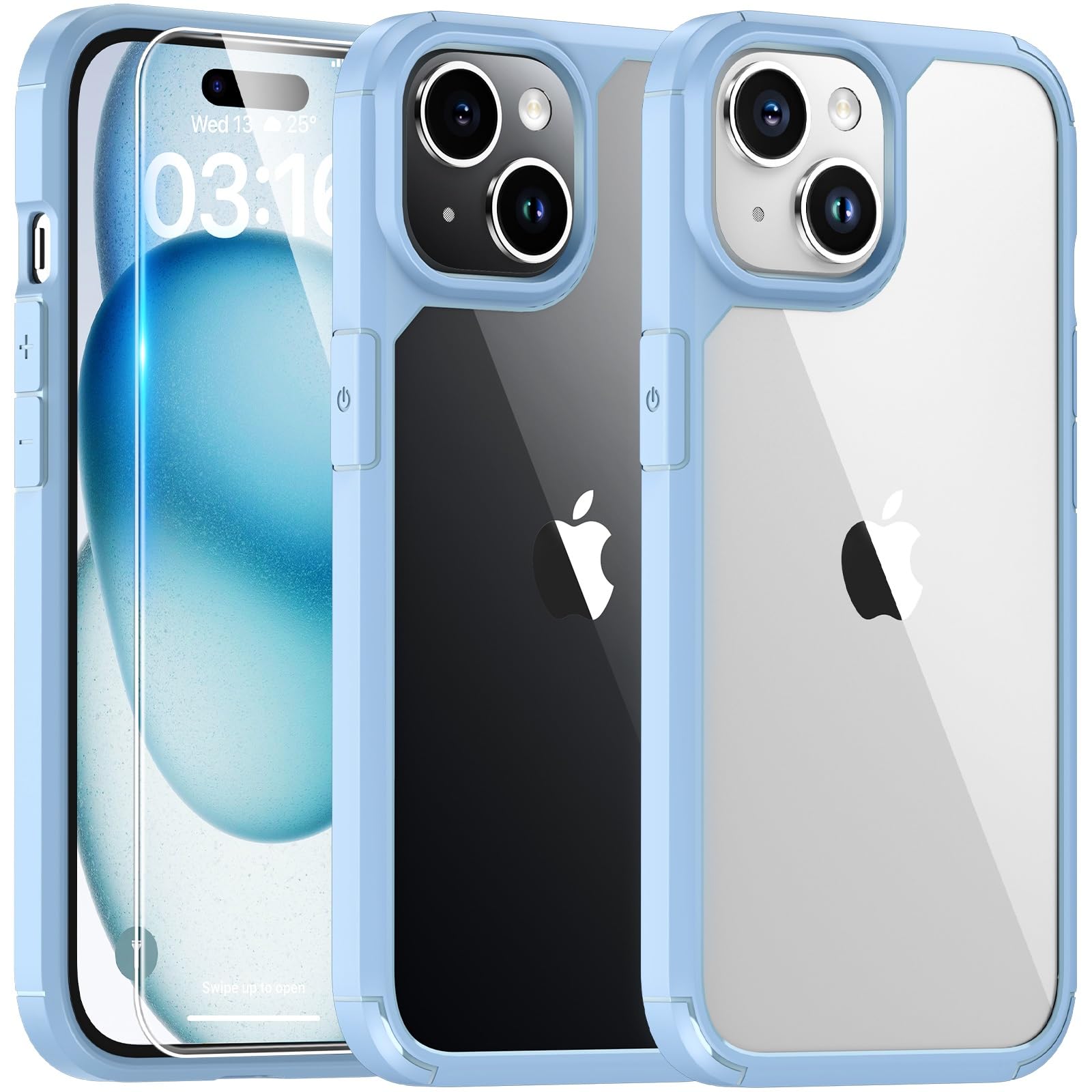 TAURI Cover per iPhone 15, [3 in 1] 1 Custodia[Senza Ingiallimento] con 2 Pellicole Vetro Temperato, [Protezione Antiurto Militare] Sottile Antishock, Anticaduta- Blu