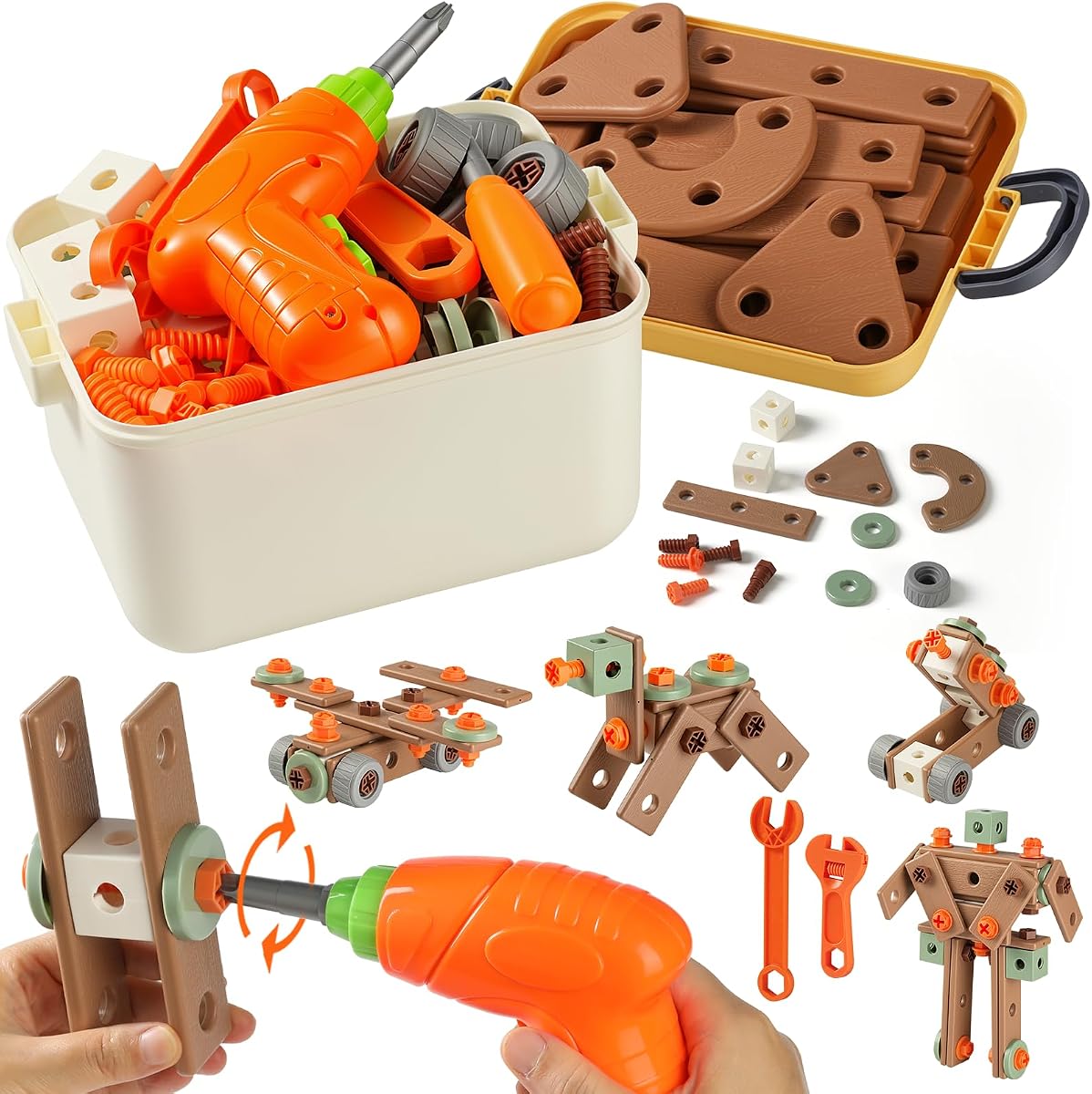 Kids Tool Set for 3-8, 158 PCS Construction Building Toys | Portable Tool Box & Electronic Toy Drill, STEM Building Playset, DIY Creative Shape, Non-Toxic ABS Plastic, Fine Motor Skills