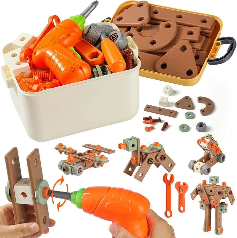 Kids Tool Set for 3-8, 158 PCS Construction Building Toys | Portable Tool Box & Electronic Toy Drill, STEM Building Playset, DIY Creative Shape, Non-Toxic ABS Plastic, Fine Motor Skills