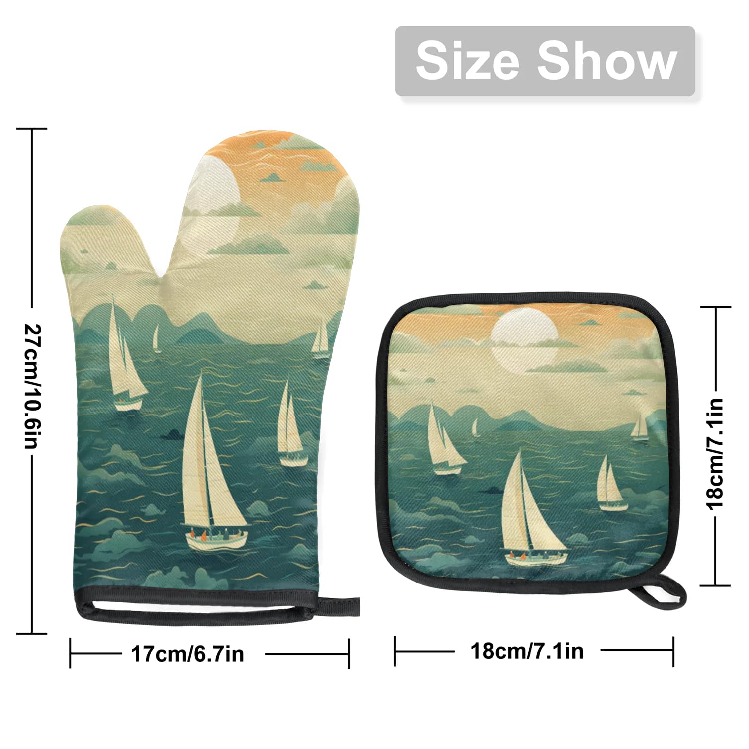 Maritime Sailing Cloud Oven Mitts Kitchen Oven Gloves for Cooking Baking Heat Proof Lining Cotton Kitchen Potholder Mittens Pot Holders Hot Pads for Chef Women Men