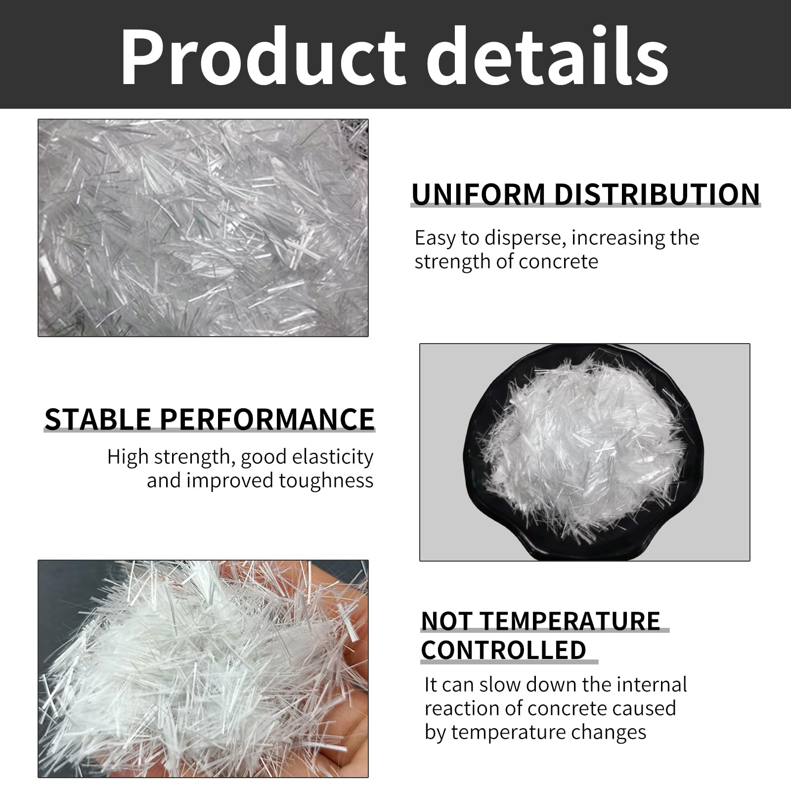 Béton renforcé de fibres de verre - Fibre de verre 6 mm pour ciment, mortier et béton - Renforcement anti-fissures et imperméabilisation - 2,2 lb - Blanc