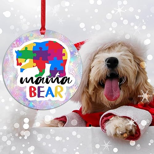 Miniatura 6 de Mama Bear Holiday Keepsake Acrylic Christmas Ornament Puzzle Pieces Autism Ornaments for Christmas Tree Mama Bear Autism Colorful Puzzle Bear