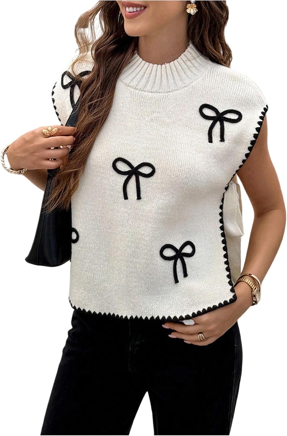 OYOANGLE Women's Bow Embroidery Side Tie Sweater Vest Sleeveless Mock Neck Sweater Tank Tops