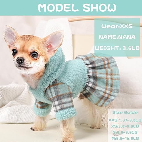 Miniatura 2 de Vestido de invierno para perro, lindo suéter de forro polar cálido con capucha para perros pequeños, vestidos de cachorro a cuadros rosados, ropa
