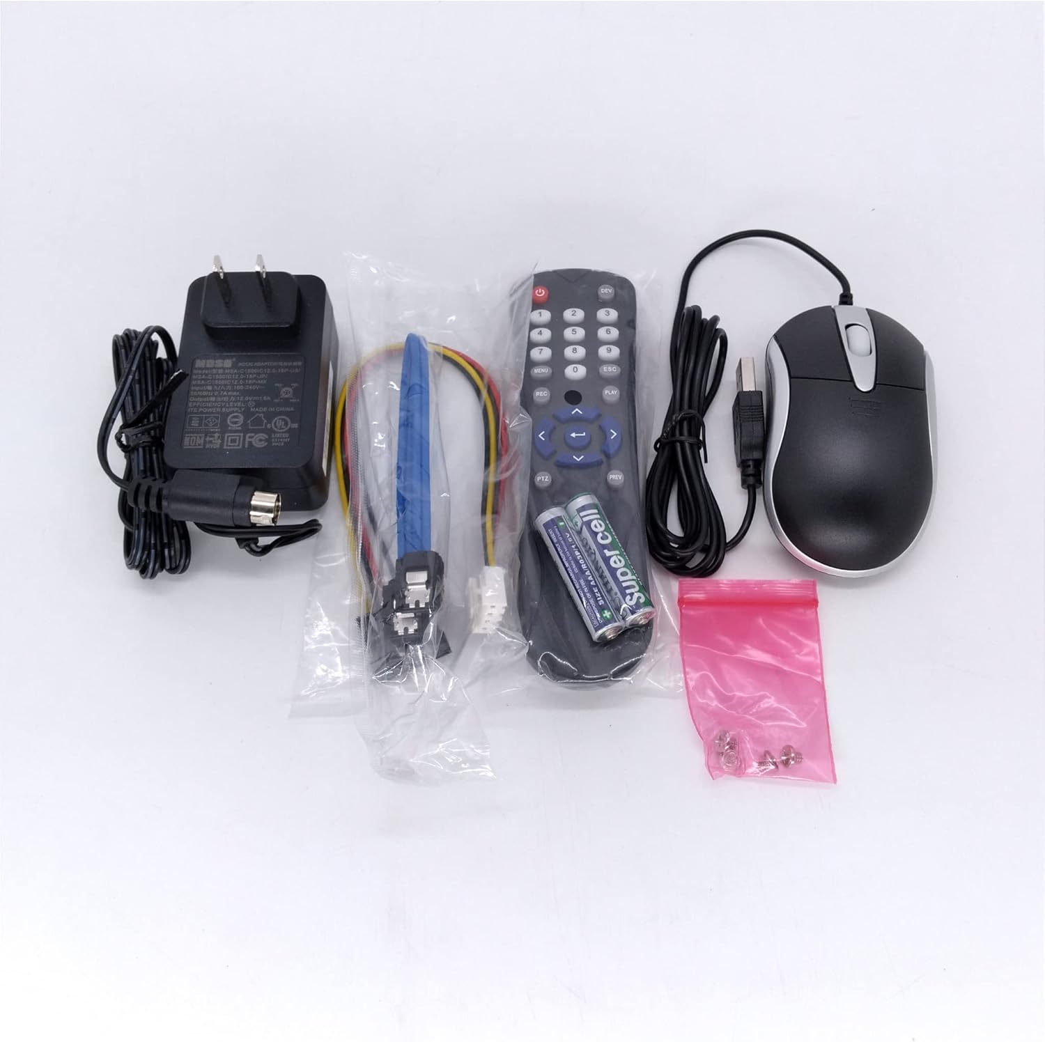 Hikvision DVR accessories including power adapter, mouse, remote, and cables