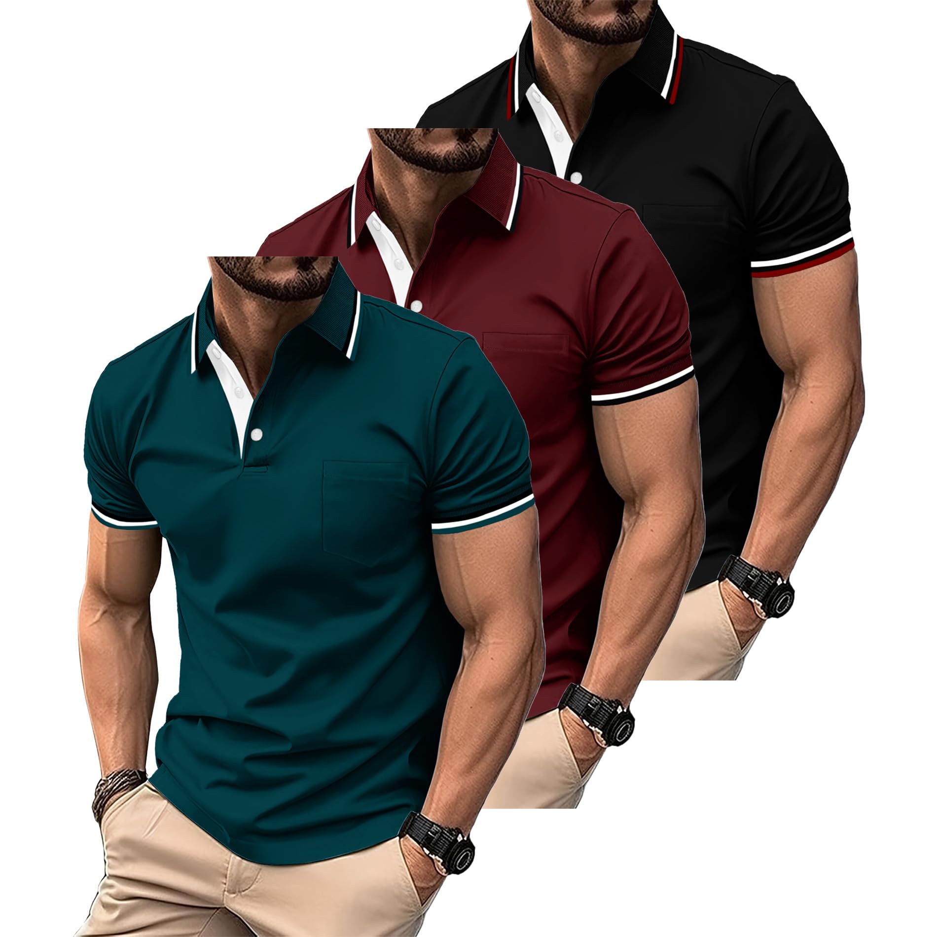 ZITY Polo para Hombre Paquete de 3 Polo Manga Corta Camiseta Golf Trabajo Transpirable Camiseta Informal con Bolsillo Verano Tres Piezas T Shirt para Vacaciones — view 8