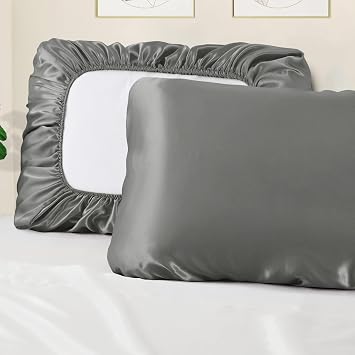 Manyshofu Grey Satin Pillowcase, Elastic Band Standard Queen Size