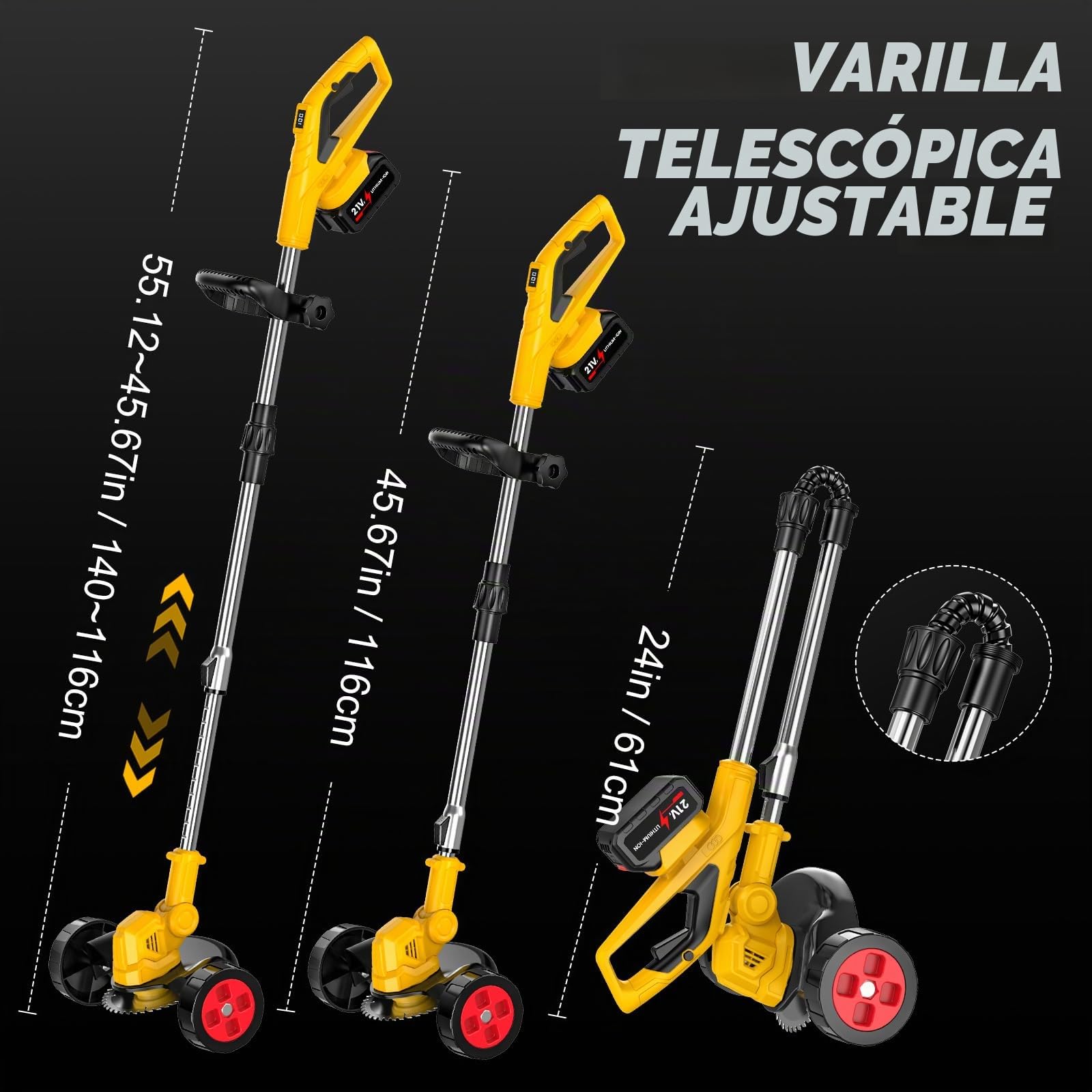 Desbrozadora Batería Plegable 21V, Cortadora de Césped Eléctrica 3 en 1 con 2 baterías, Ruedas, 12 Cuchillas, Cabezal 90°, Altura Ajustable para Jardín y Césped