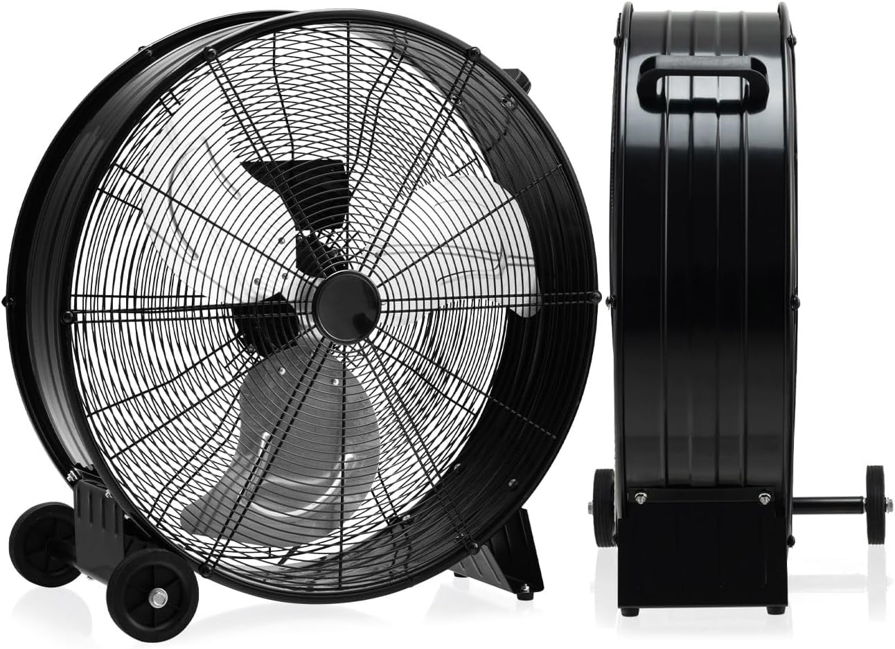 RELAX4LIFE Ventilador de Suelo 180W de Φ60cm con 3 Velocidades Ajustables, Ventilador de Tambor de Aluminio y Hierro con 1 Asa y 2 Ruedas para Fábrica, Tienda, Cobertizo (Negro)