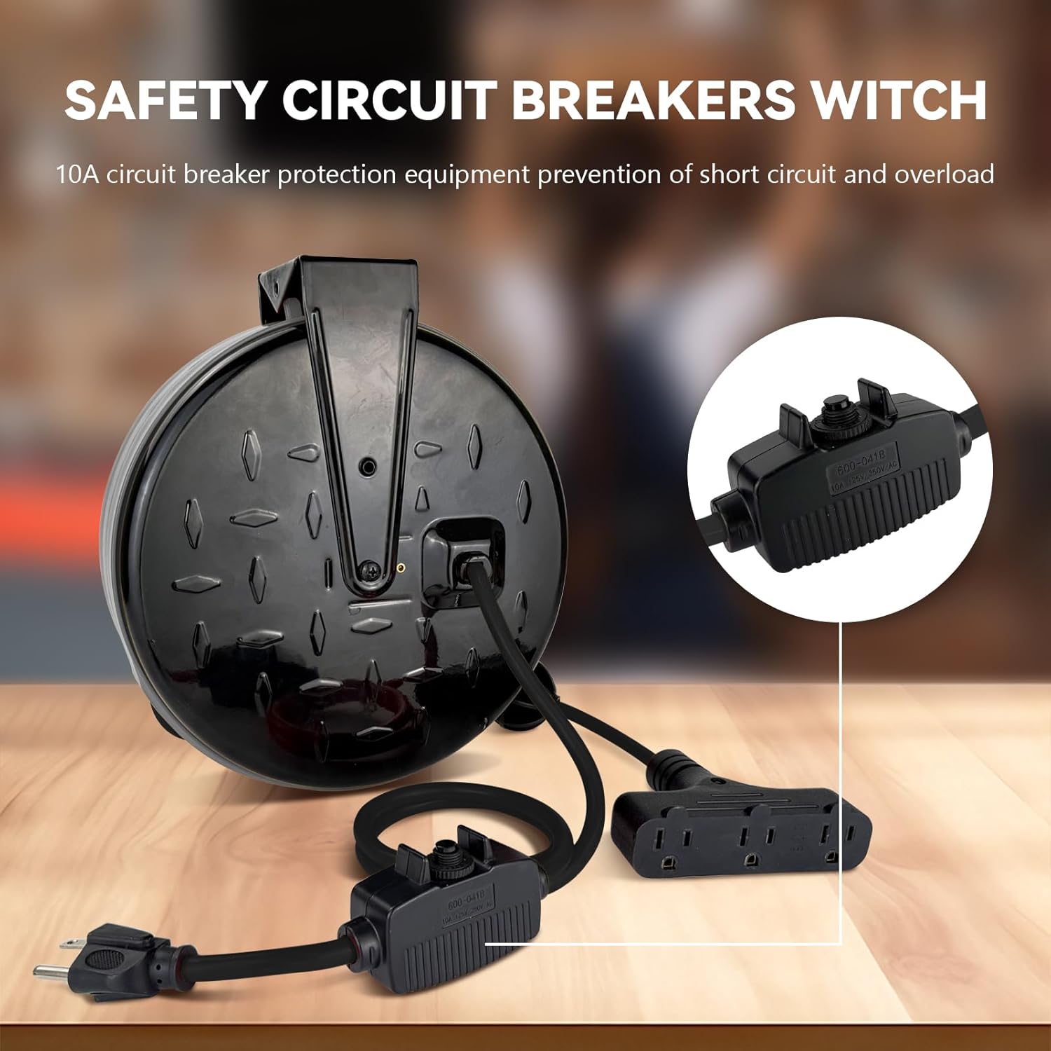 Retractable Extension Cord Reel, 16/3 SJTW Power Cord 30 Ft with 3 Electrical Outlets and 10 Amp Circuit Breaker, Ceiling or Wall Mount, Metal Plate, UL Listed, Grey