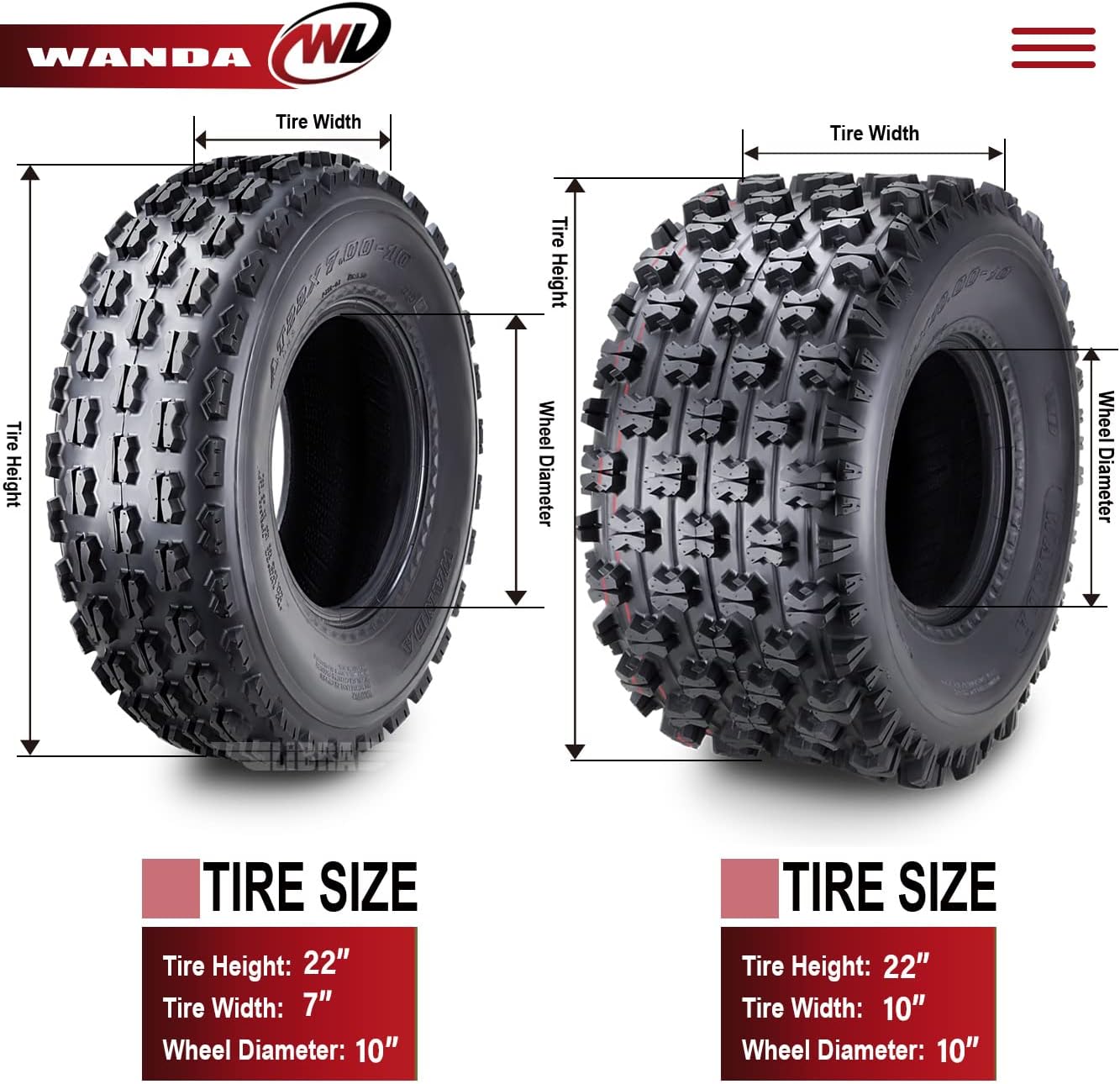WANDA Set 4 Sport ATV Tires 22x7-10 Front & 22x10-10 Rear GNCC (Grand National Cross Country) Race Tires 10077/10089