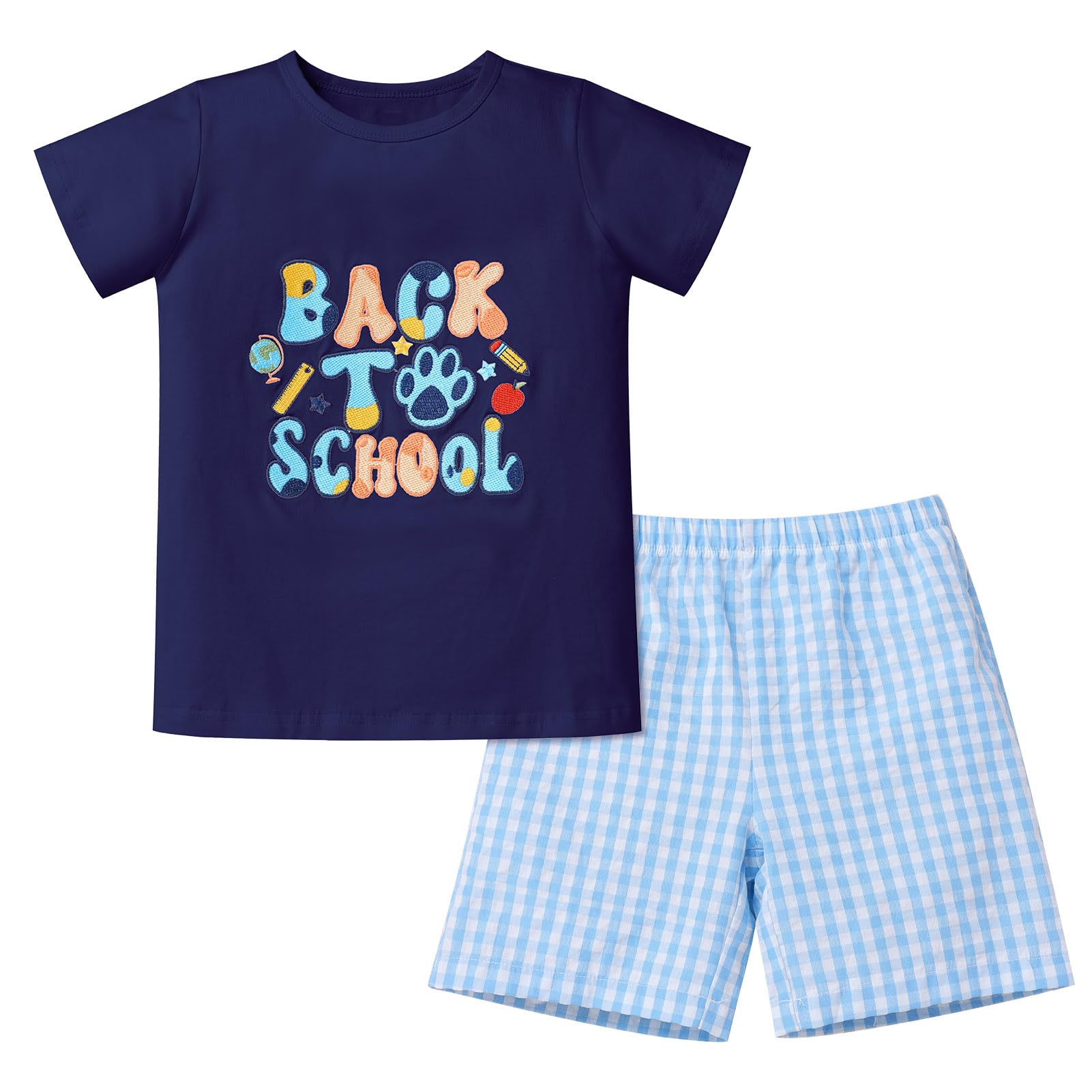 OBEEII Back to School Outfit Toddler Boy Short Sleeve Graphic Shirt Gingham Shorts First Day of School Summer Clothing Set