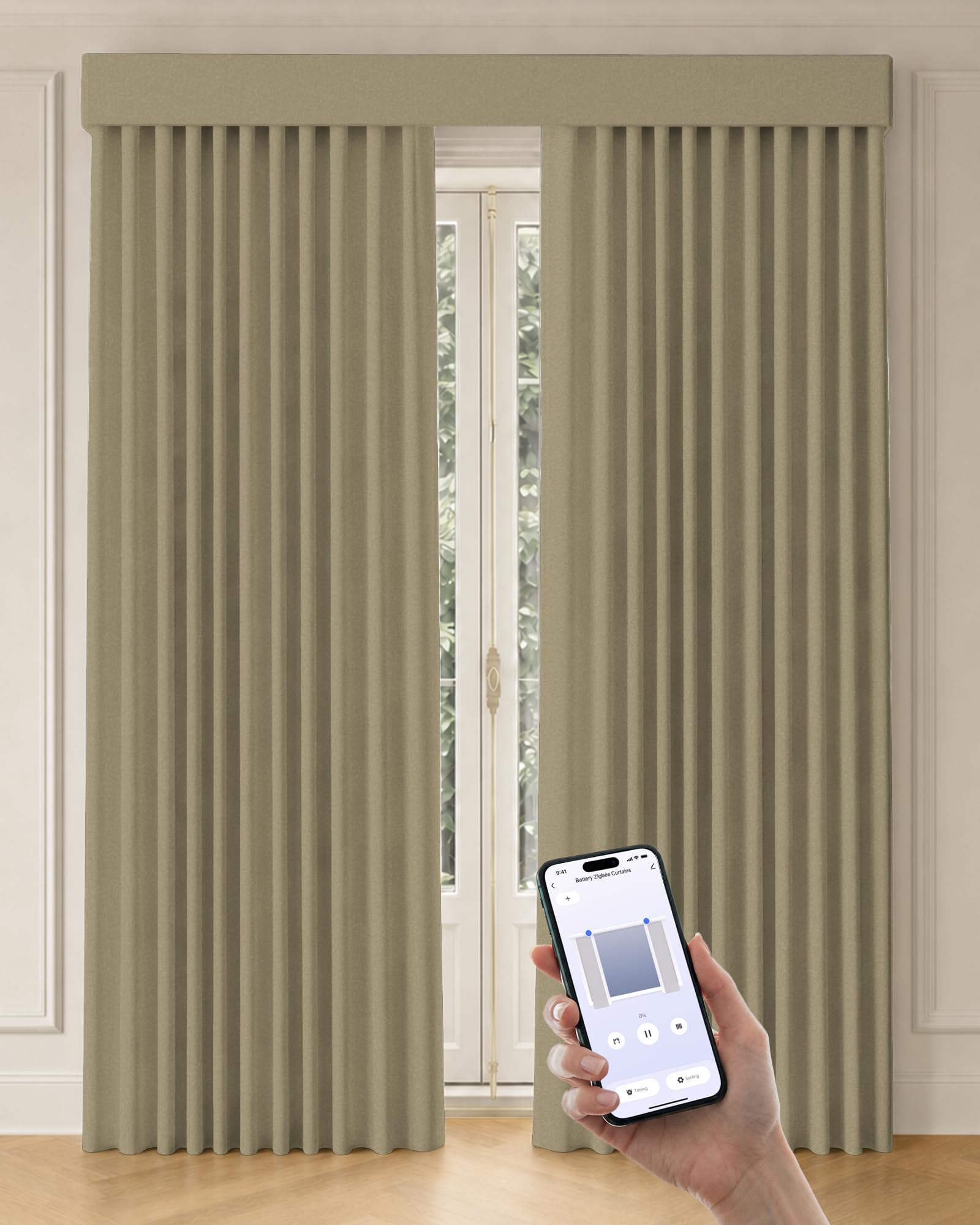 Graywind Motorized Curtains with Track, Room Darkening Smart Curtains, Rechargeable Curtains Compatible with Alexa &amp; Remote Control for Large Windows, Custom Drapes Up to 220", Canvas (Sand)