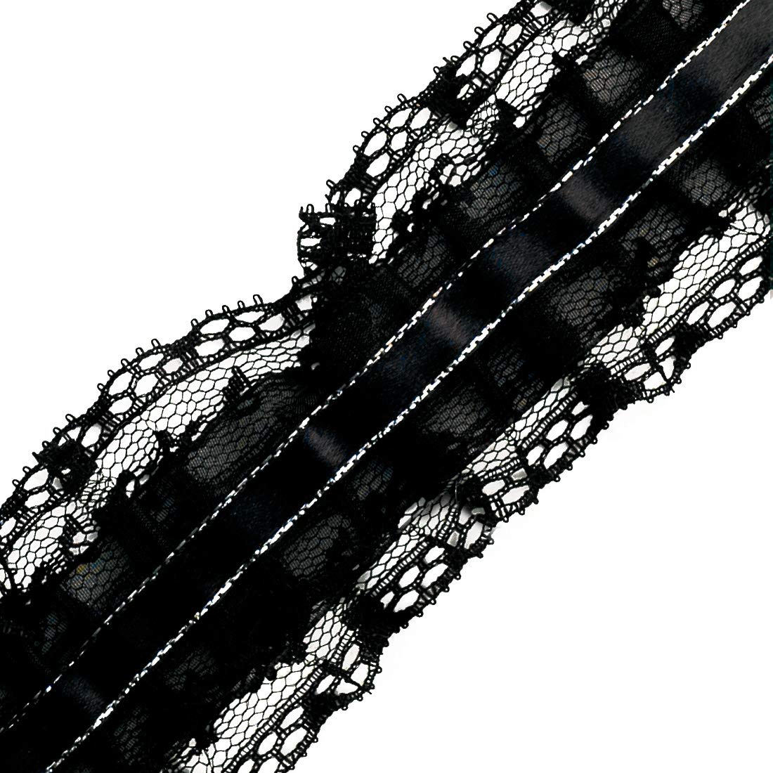 eJoyce2" Ruffled Lace Ribbon Trim by 2-Yards, HDL-054 (Black/Silver)