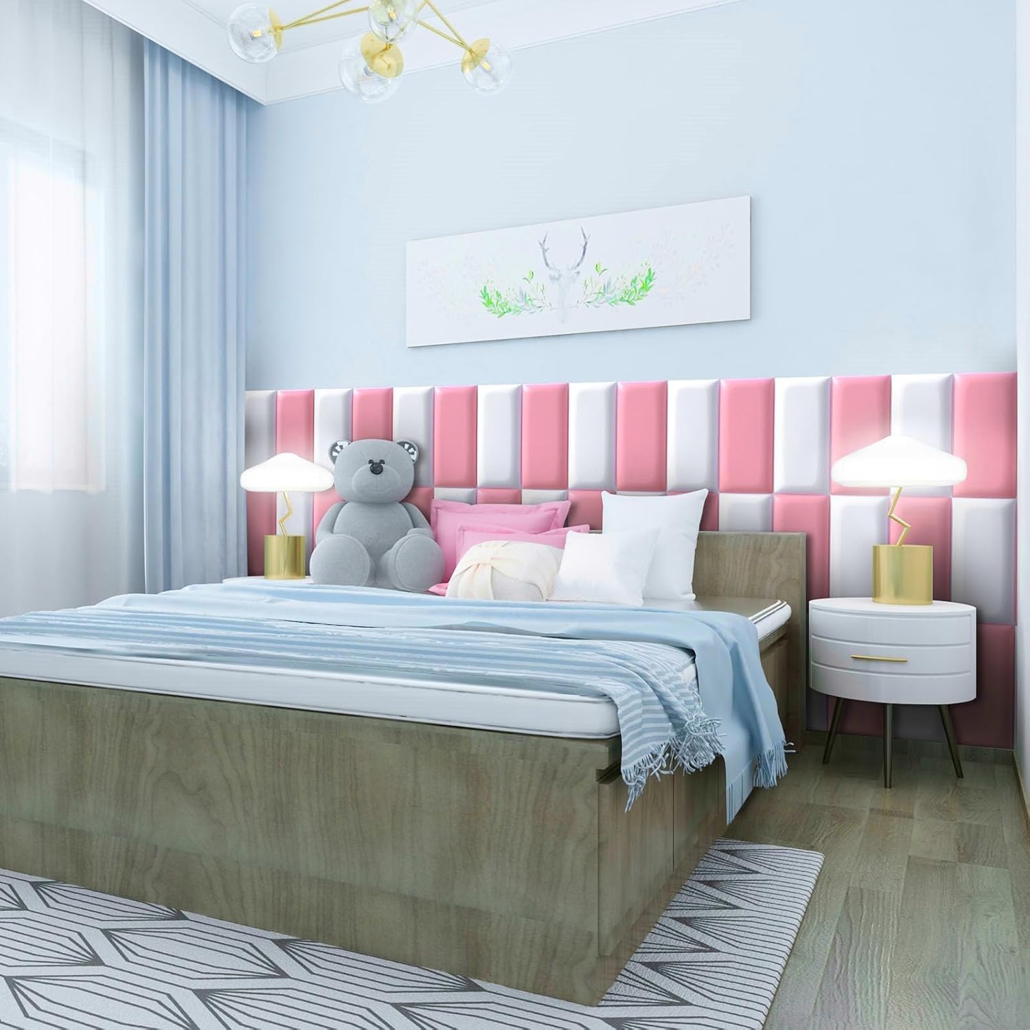 Peel and Stick Headboard - Pink Upholstered Wall Panels, 10 Panels Sized 7.8" x 15.7", 3D Anti-Collision Soundproof Self-Adhesive for Bedroom