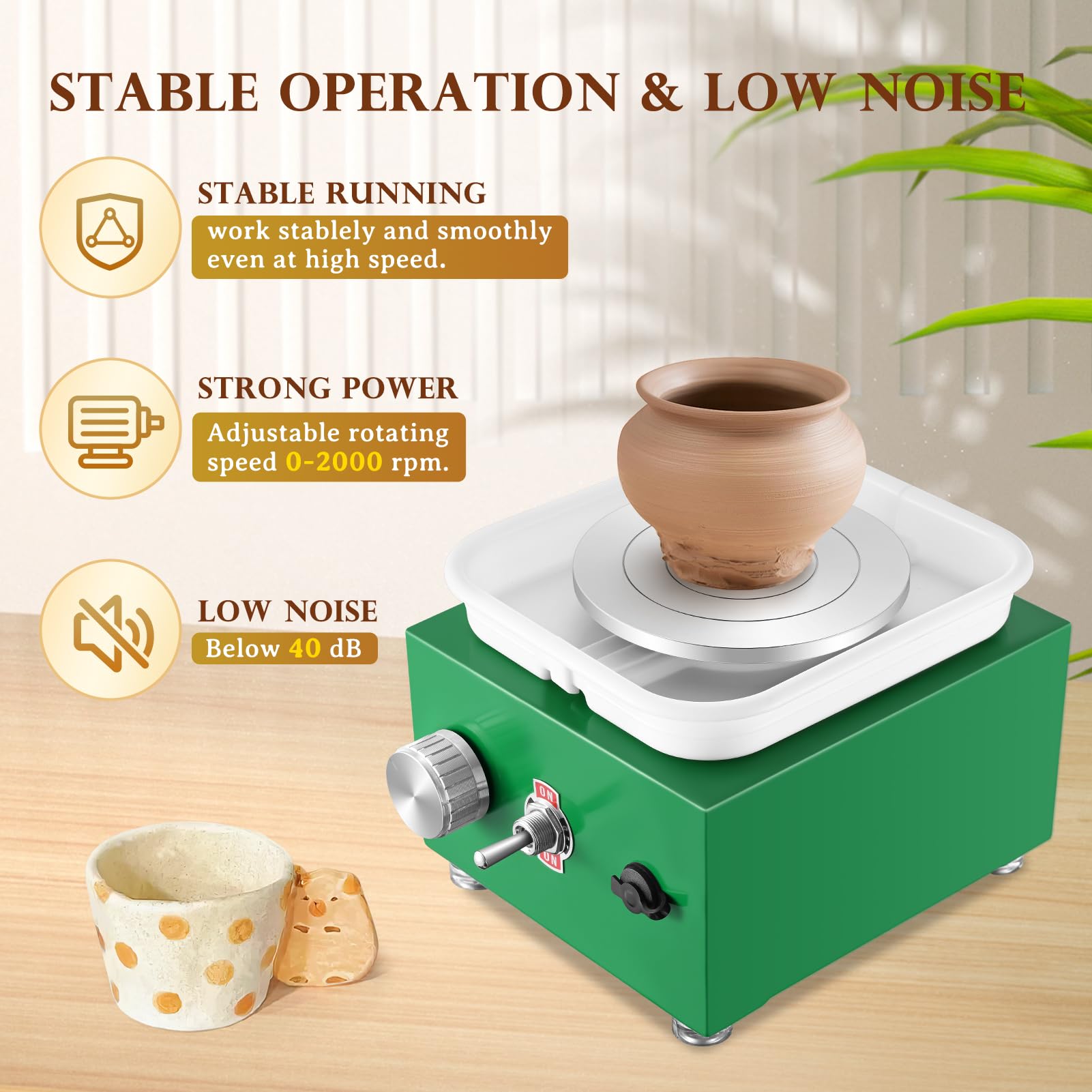 Torno Alfarero, Kooeuru Torno Ceramica 2000RPM Velocidad Ajustable con Placas de 10/6,5 cm, Herramientas de Modelado y Cuenco Extraíble, Torno Alfarero Niños y Adultos (Verde)