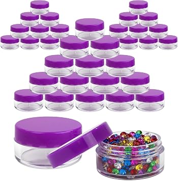Beauticom 10g/10ml 0.35 Fl Oz Round Clear Jars with Round Top Lids for Creams, Lotions, Make Up, Powders, Glitters, and more... Color Purple Lid, Quantity 40 Pieces
