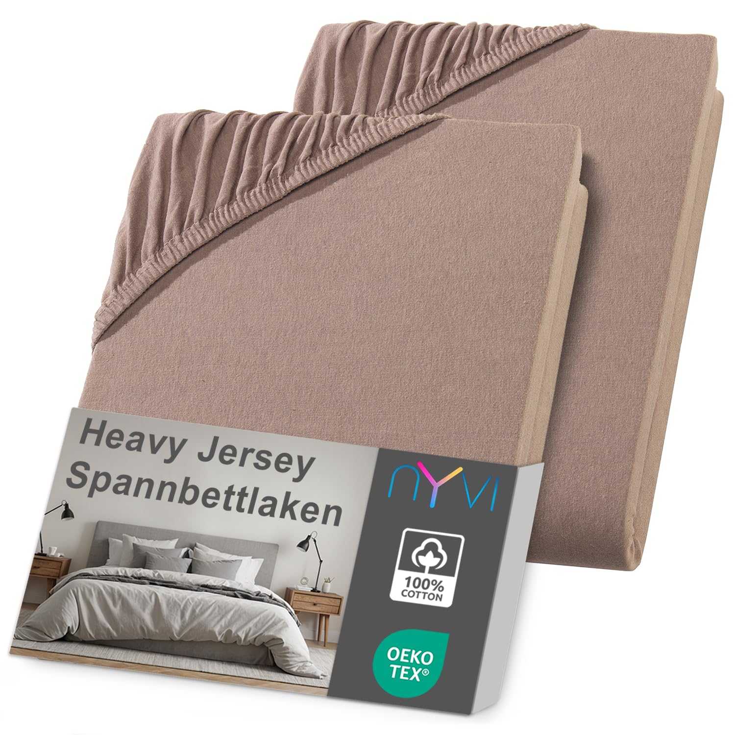 NYVI Spannbettlaken DreamScience Heavy Jersey 180-200x220 cm Nougat 2er Set für Boxspringbetten bis 32 cm - Spannbetttuch, Formstabil, 160g/m², Rundum-Gummizug, Bügelfrei