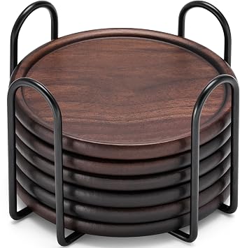 Wood Coasters Set of 6 with Metal Holder, 100% Wooden Coasters for Drinks | 4 Inch Walnut Coffee Table Coaster Set Home Decor for Kitchen, Farmhouse, Office, Living Room, House Warming Gifts, Round