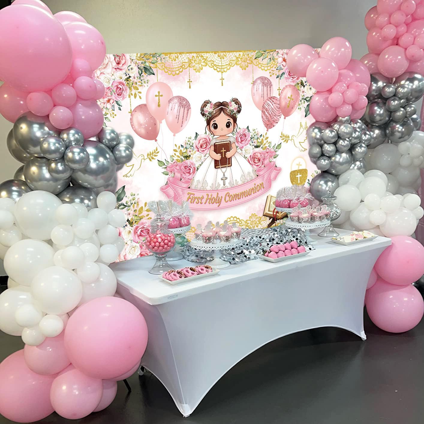 First Holy Communion Backdrop Pink Floral God Bless Girls Mi Bautizo Baptism Photography Background Kids Baby Shower Primera Comunion Christening Party Decorations Banner Photo Props (Pink, 8x6FT)