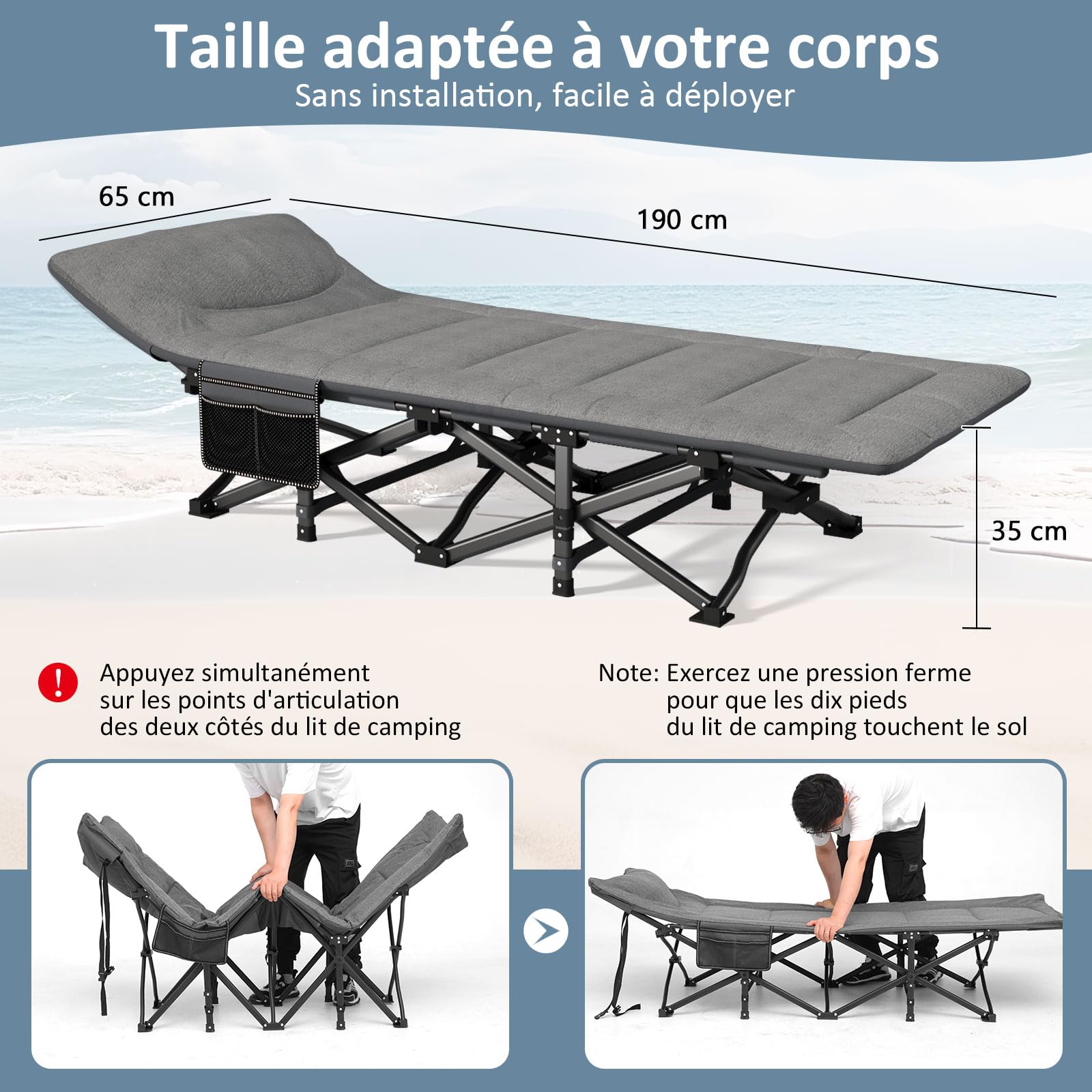 Lit de Camping Plier pour Adultes avec Matelas et Oreiller Intégrés, Portable pour Extérieur et Voyage, Charge Maximale 200kg, Inclut Sacoche de Transport, Gris