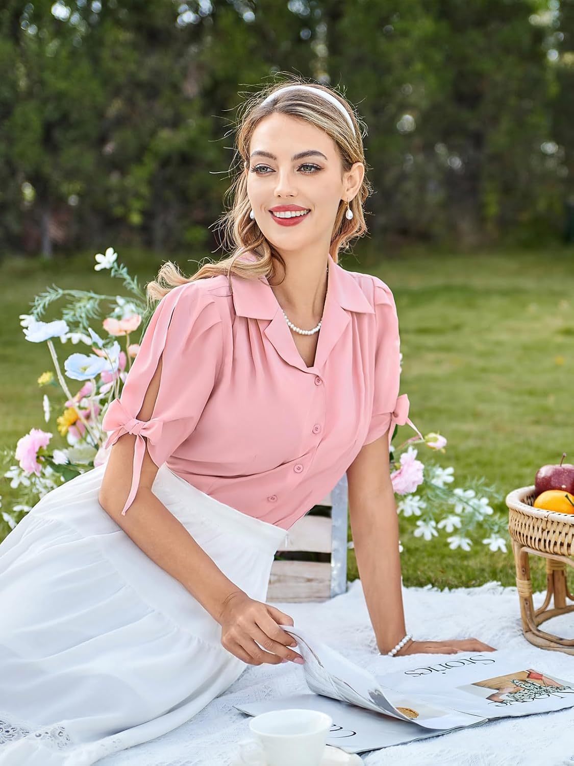 Bello Poque Women Vintage Blouse 1950s Retrt Button Up V Neck Short Bow Sleeves Blouse Shirts - Image 4