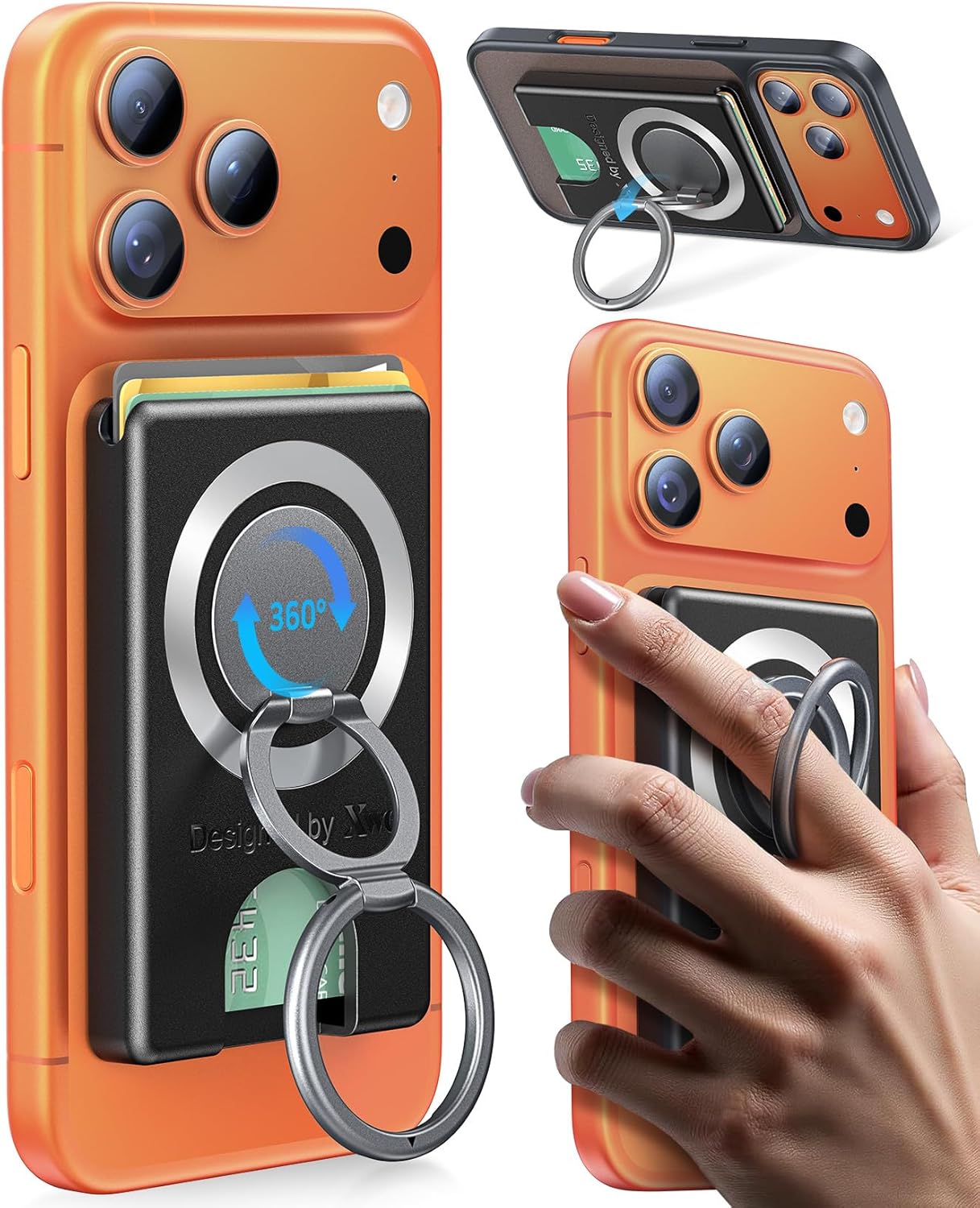 Compatible with Magsafe Wallet 3 Cards Holder [20X Strong Magnet] Magnetic Phone Grips Stand Mount Dual Ring 360° Rotation Desk Cellphone Fits for iPhone 17/16/15/14/13/12 Pro Max