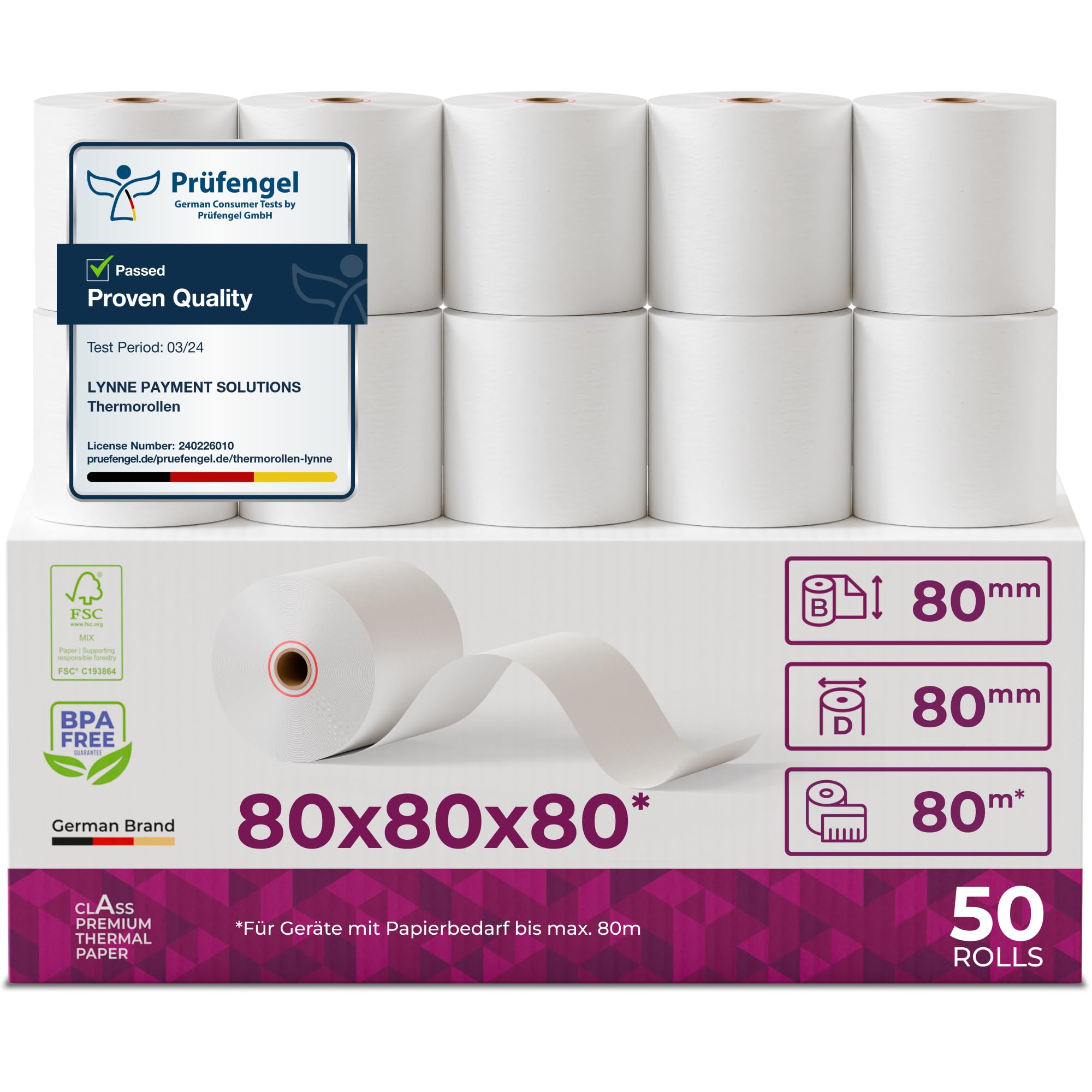 Thermorollen/Bonrollen/Kassenrollen 80mm x 80m x 12mm (80x80x12) für alle gängigen Thermopapier Kassen-Bondrucker – BPA Frei (B: 80mm - Ø80mm x 80m - 50 Stück)