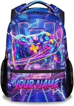 17 Inch Gaming Bookbag for Boys Teens Children - Personalised School Rucksack with Custom Name and Controller Design, Large Capacity Backpack for School College Everyday Use, Video Game Themed Gift