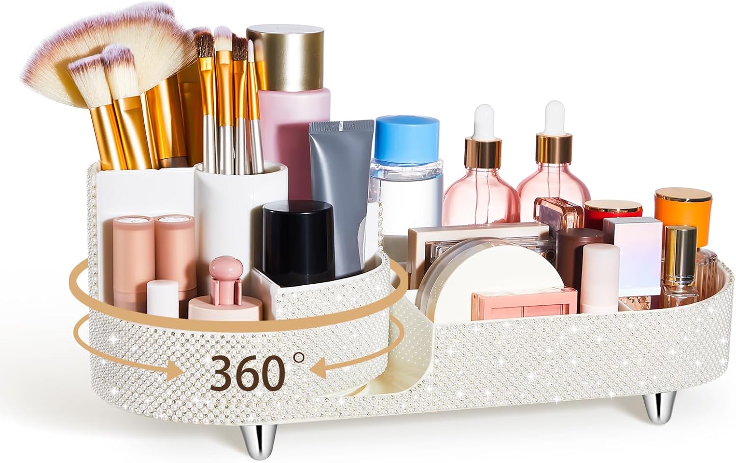 Teen Girls Women Gift 360 Rotating Bling Makeup Organizer Large Rhinestone Diamond Bathroom Organizer Girly Skin Care Brush Holder for Countertop,Bathroom Essentials(White,Pearl Rhinestone)