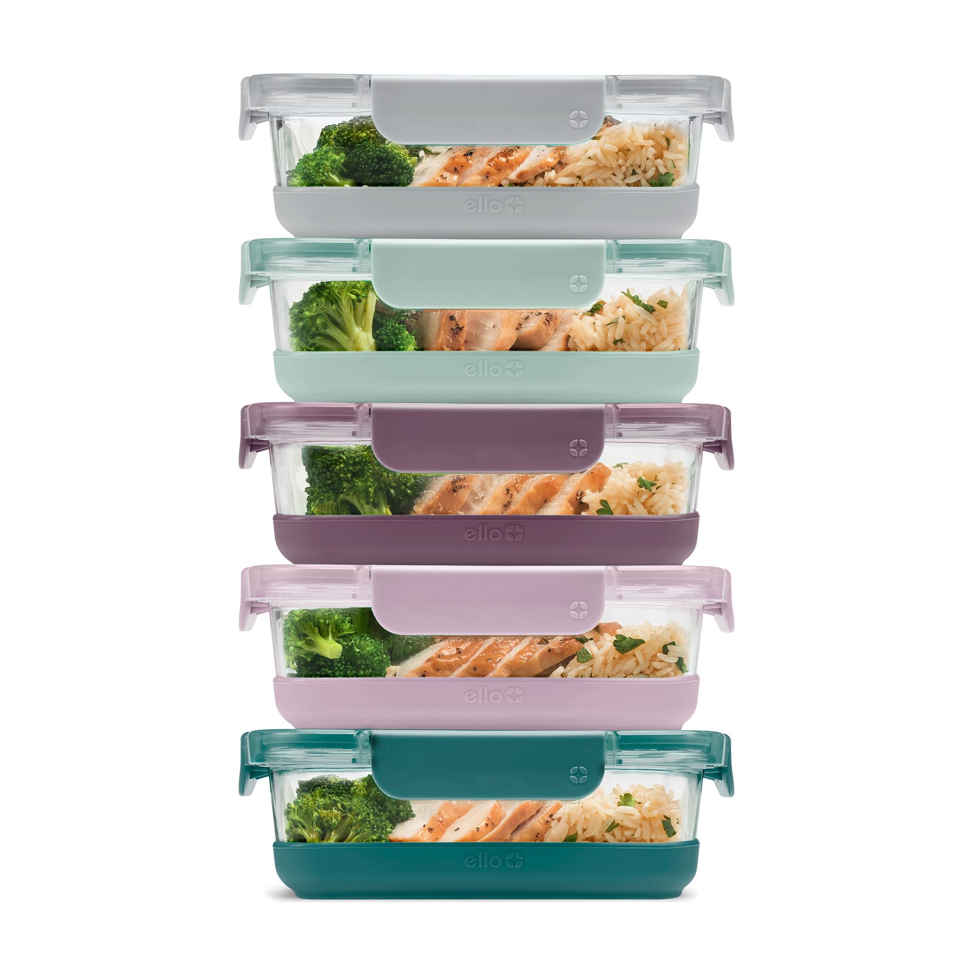 Duraglass 3.4 Cup Meal Prep Sets 10Pc, 5 Pack Set- Glass Food Storage Container with Silicone Boot and Airtight BPA-Free Plastic Lids, Dishwasher, Microwave, and Freezer Safe, Garden Goals