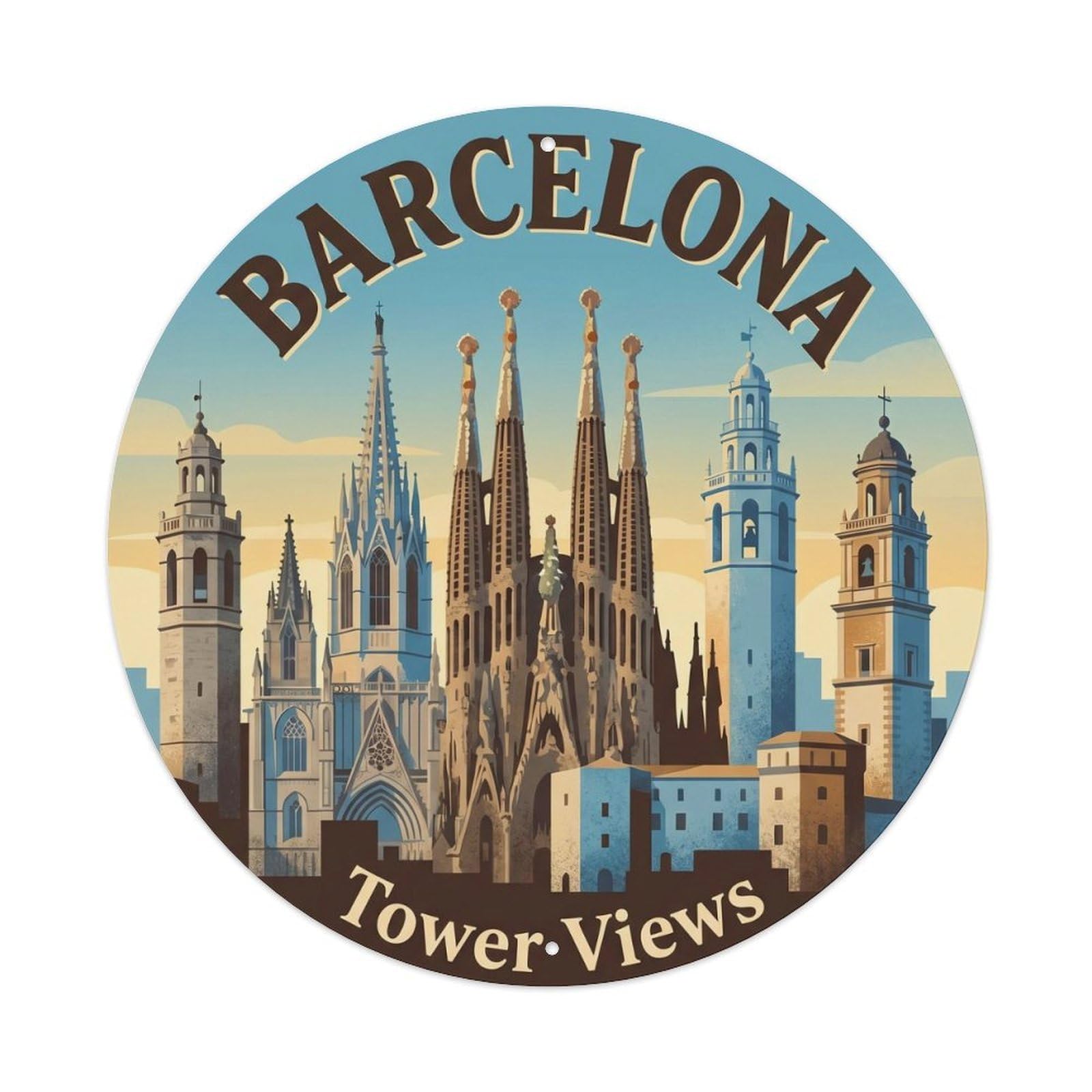 Vintage Travel Barcelona Tower Spanish Sightseeing Metal Tin Sign Plaque Wall Decor for Cafe, Club, Garden Round Metal Poster 8x8Inch