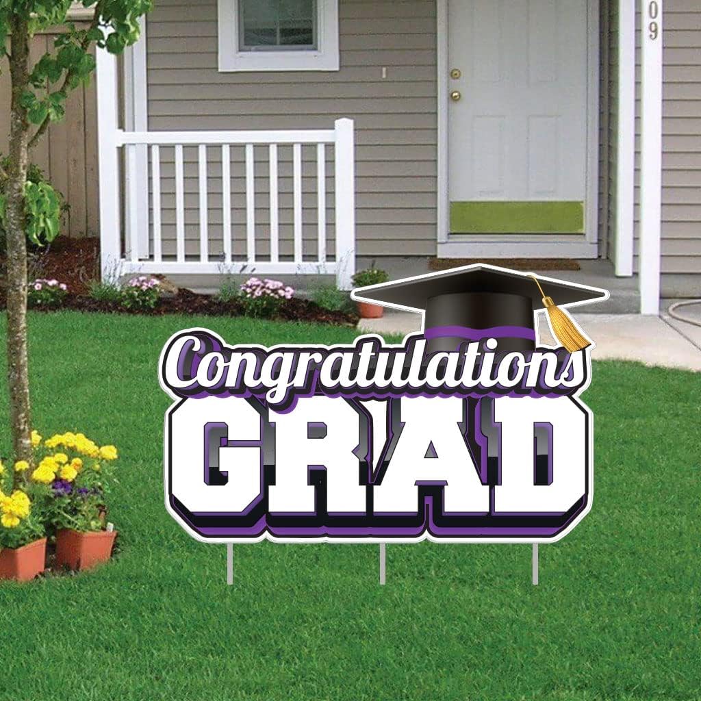 VictoryStore Jumbo Grad Sign, 35 Inches Wide, Congratuations Grad, Waterproof Corrugated Plastic, 35x21.7 Inches, Includes 3 EZ Stakes (Purple)