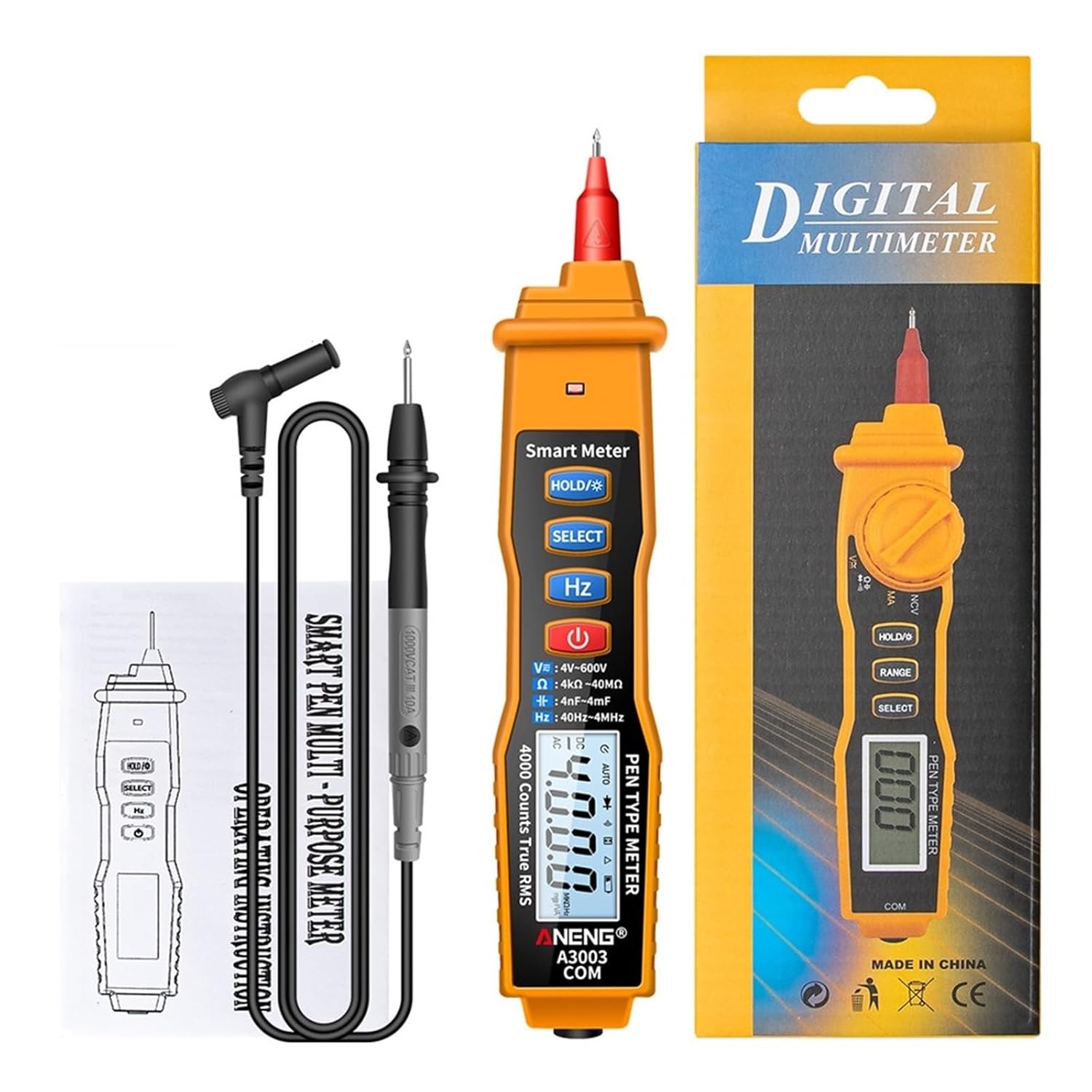 A3003 Multi Tester Pen Type Digital Multimeter with 4000 Counts AC/DC Voltage Ohmmeter Capacitance Hz Handheld Tester Tool(A3003 Yellow(Box))