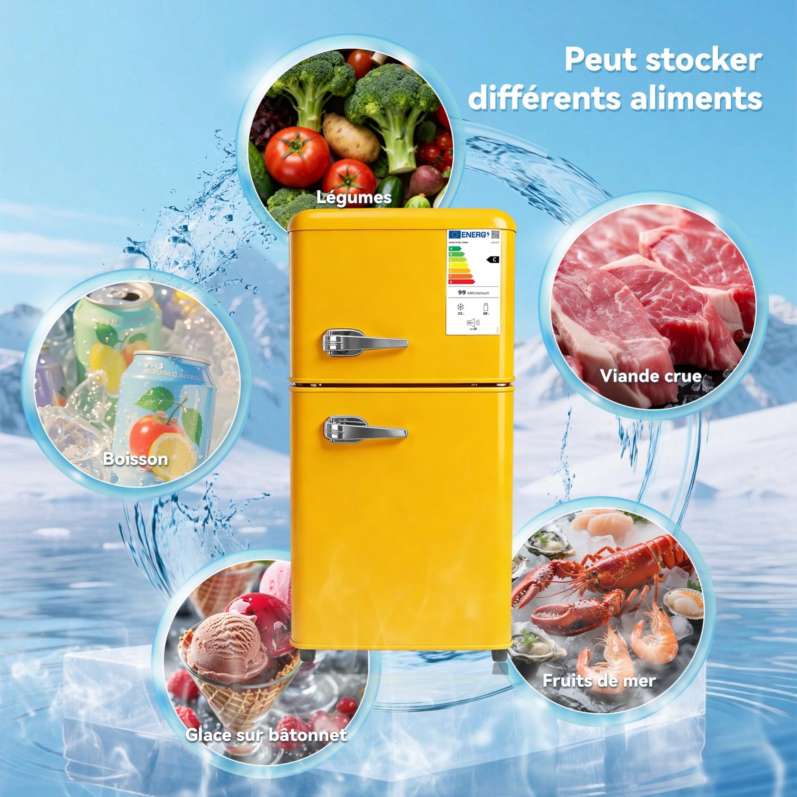 Mini Frigo Congélateur Combiné 2 Portes 60 L Compact 41 cm (Jaune) | -18°C freezer, 45 dB silencieux, 7 niveaux 0-10°C, LED, étagères réglables, pour Chambre, Bureau et Salon, 41×45×89 cm