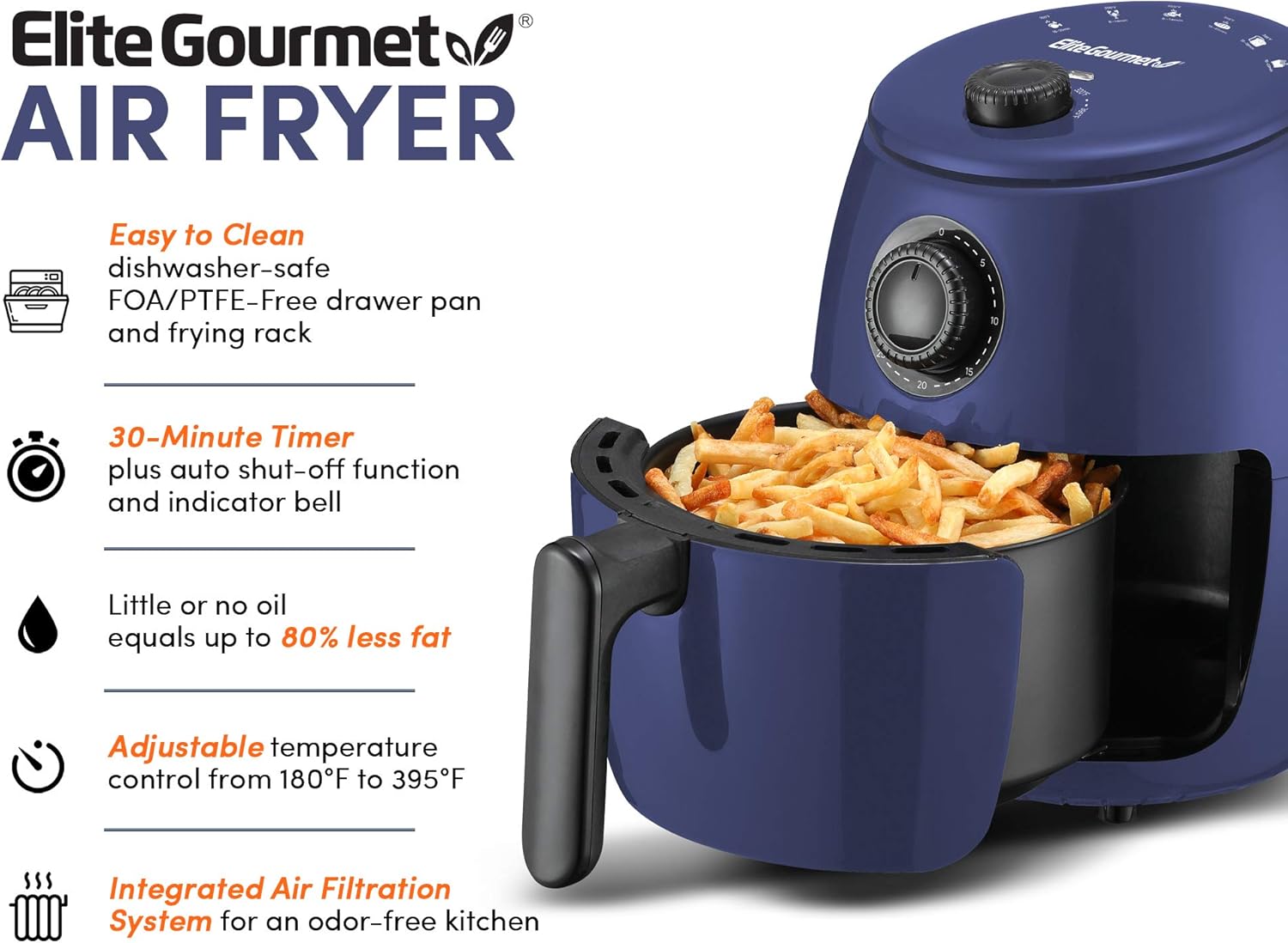 50% Off Discount Elite Gourmet EAF-0201BG Personal 2.1 Qt. Compact Space Saving Electric Hot Air Fryer Oil-Less Healthy Cooker, Timer & Temperature Controls, PFOA/PTFE Free, 1000W, Quart, Blue Gray