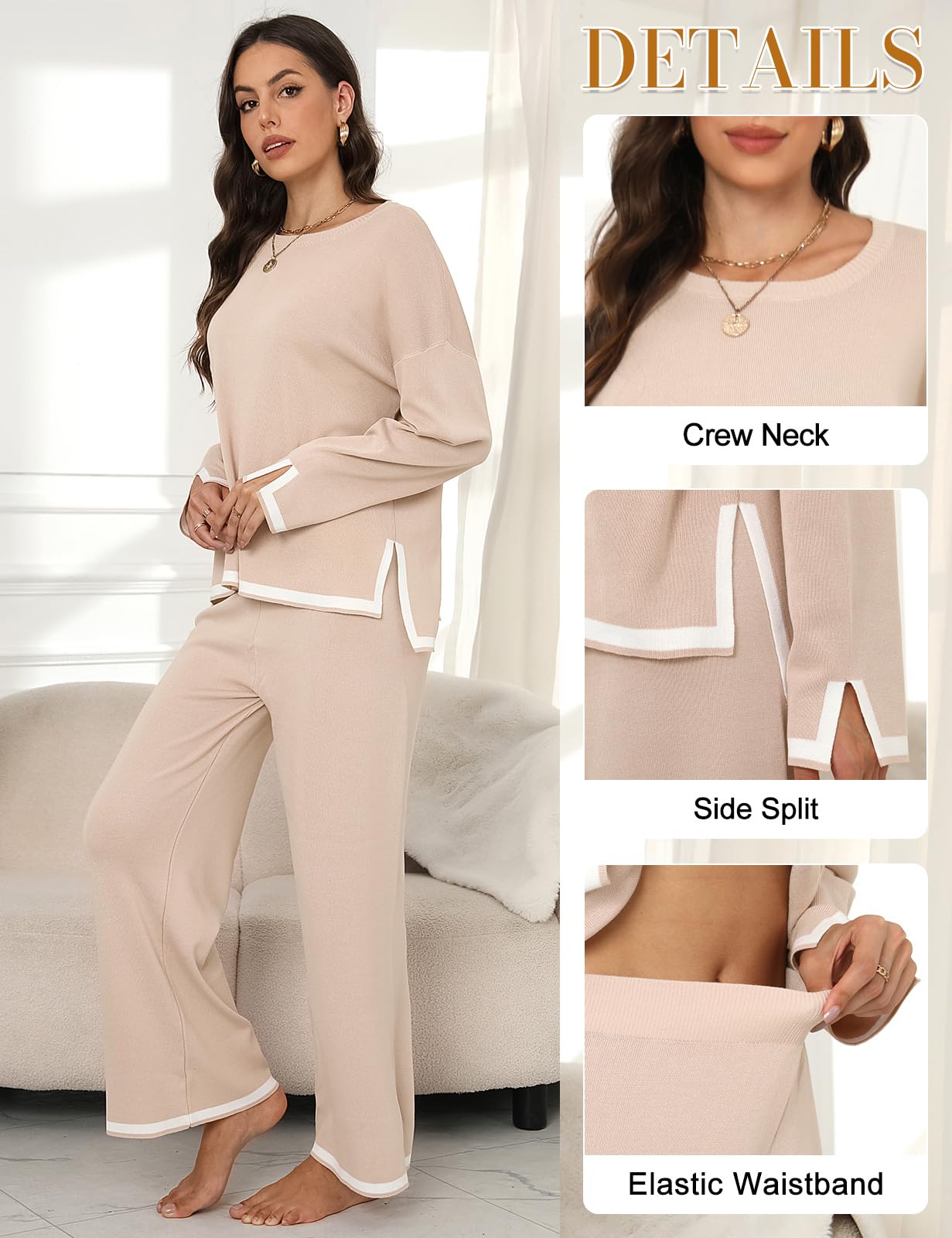 CMTOP Tuta Donna Completo Elegante 2 Pezzi Casual Tute da Ginnastica Tailleur Girocollo Maglia a Maniche Lunghe e Pantaloni a Gamba Larga Autunnale Invernale Completi Per La Casa