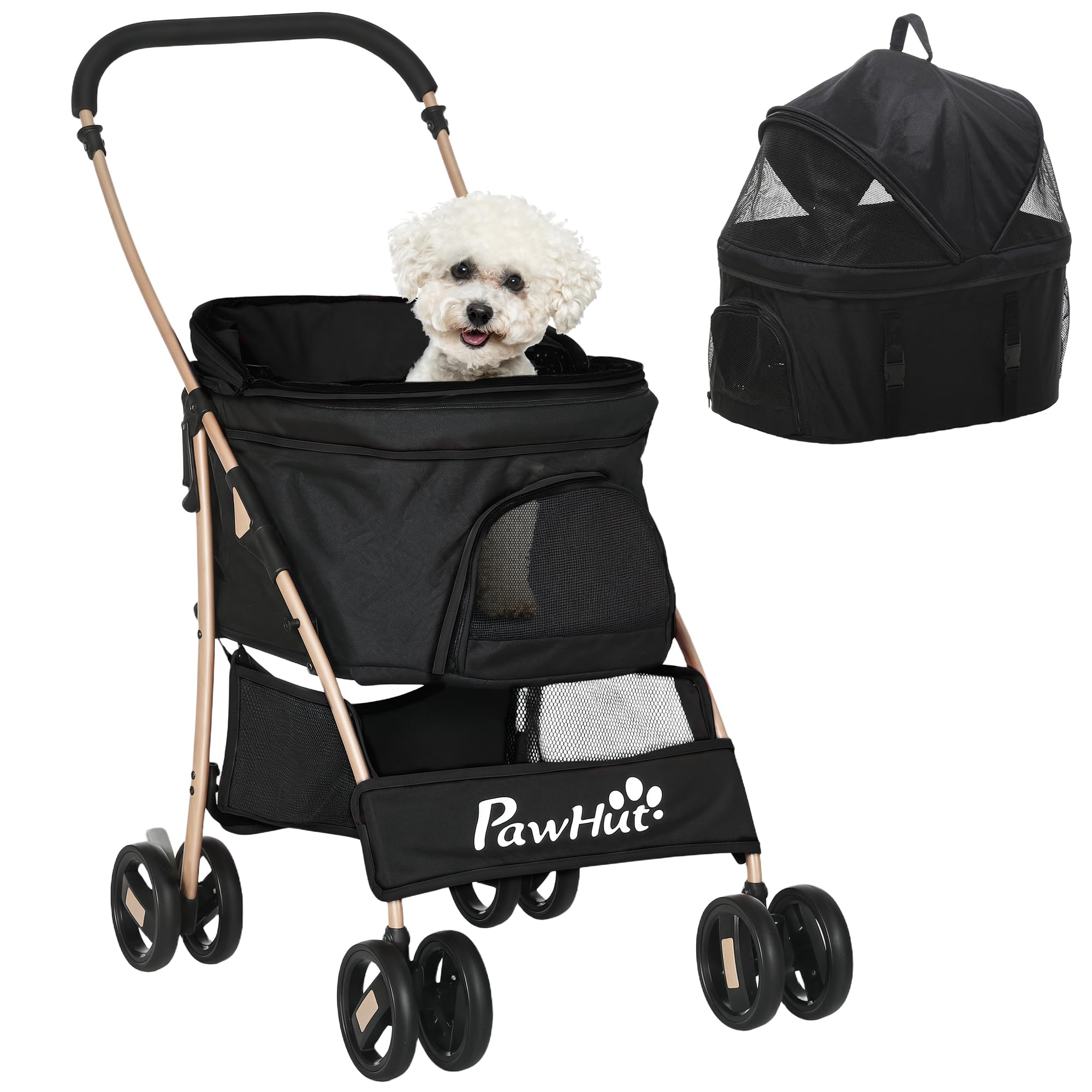 PawHut Carrito para Perros Plegable 3 en 1 Cochecito para Mascotas Carrito para Perros Pequeños con Vagón Desmontable Cesta de Almacenaje Correas de Seguridad y Cojín Carga 15 kg Negro