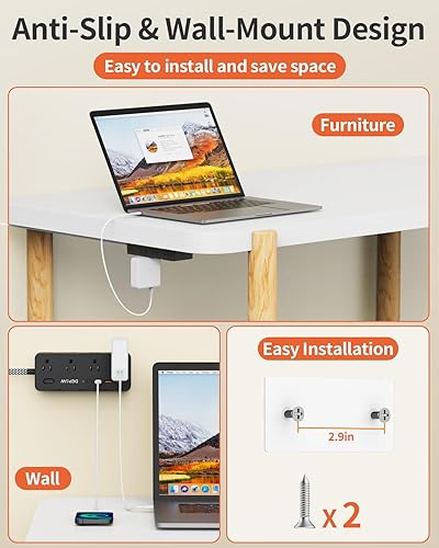 Miniatura 6 de Regletas de alimentación con protección contra sobretensiones, cable de extensión trenzado de 5 pies con múltiples tomas, 8 salidas de CA, 4 puertos