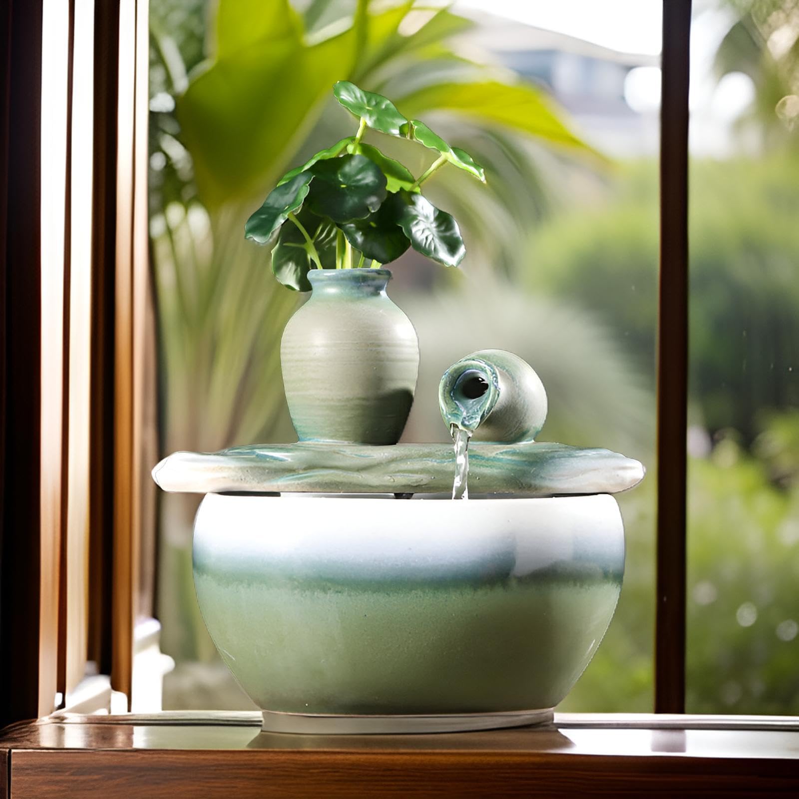 Fuente de mesa con acuario decorativo, fuente de agua con cascada, de cerámica, diseño de pez, con acuario decorativo, bomba de agua, Zen, decoración para salón, oficina, jardín, 21 x 18 x 19 cm, Azul