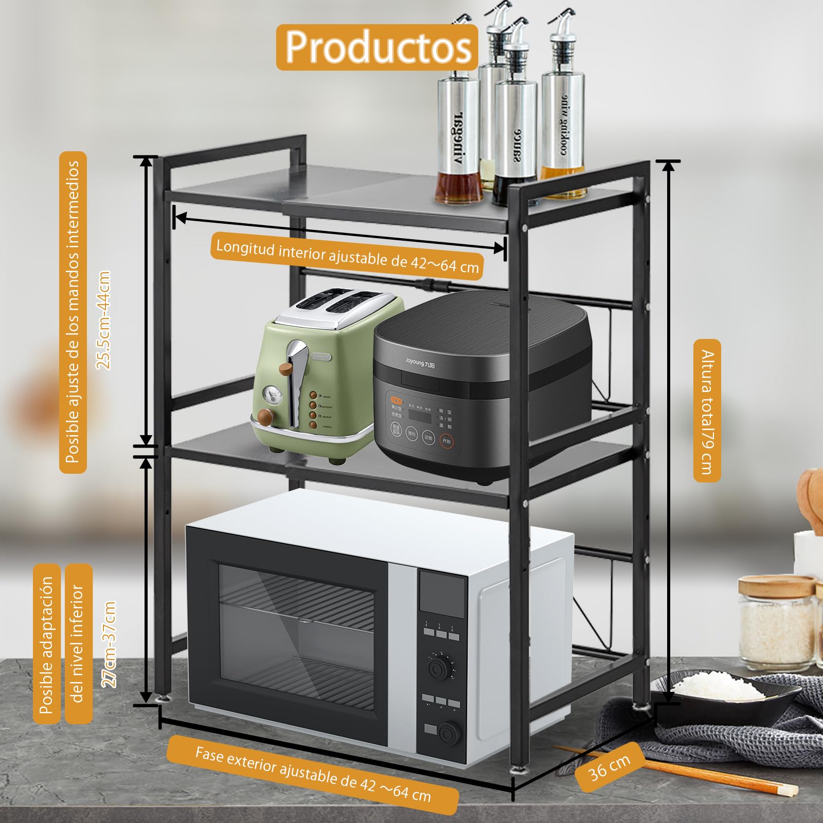 Estante para microondas de 2 Capas, Estante para tostadora, Estante de Cocina, Ancho telescópico de 40 a 63 cm (óptimo Dentro de 60 cm) con Gancho móvil, Capacidad de Carga 75 kg (Negro)