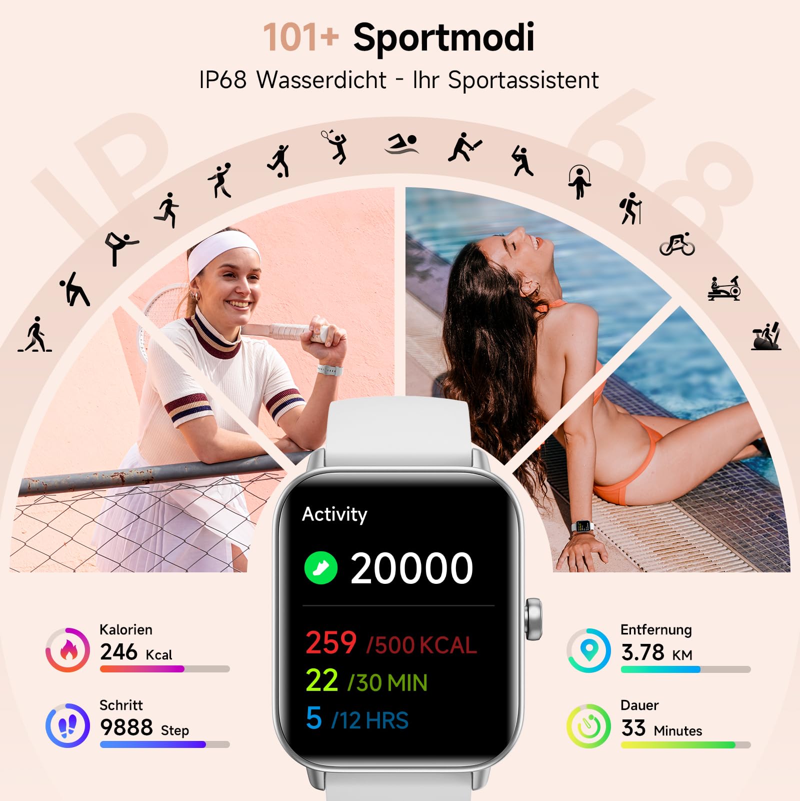 Smartwatch Damen 1.85" Smart Watch mit Alexa, Herzfrequenz/SpO2/Kalorien/Stress- und Schlafmonitoring, IP68 Wasserdicht Sportuhr mit Telefonfunktion, 100+ Sportmodi Fitnessuhr für Samsung Android iOS