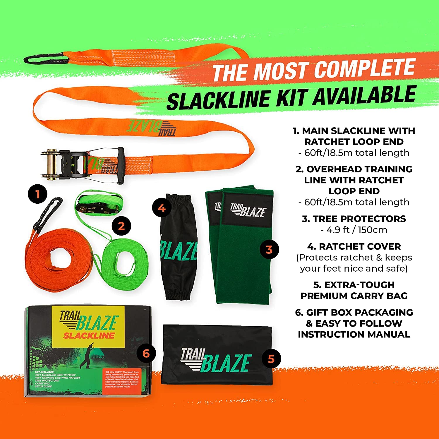Slackline Débutant Kit Complet - Sangle d'apprentissage Protecteurs d'arbre Sac de Transport