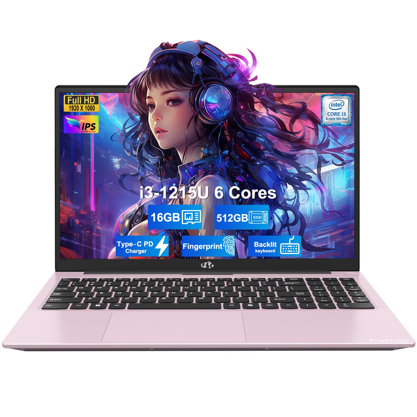NIMO 15.6" IPS FHD Student Laptop, Intel 6-Core i3-1215U, 16GB RAM, 512GB SSD (Beats R5 7520U, Up to 4.4GHz), Two-Year Warranty, Backlit Keyboard, Fingerprint, Wi-Fi 6, for Home & Business