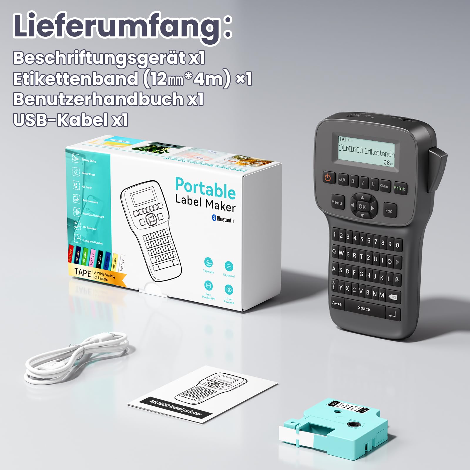 Etichettatrice industriale, portatile, Bluetooth, stampante per etichette con tastiera QWERTZ, adatta per ufficio, casa e officina, LM1600